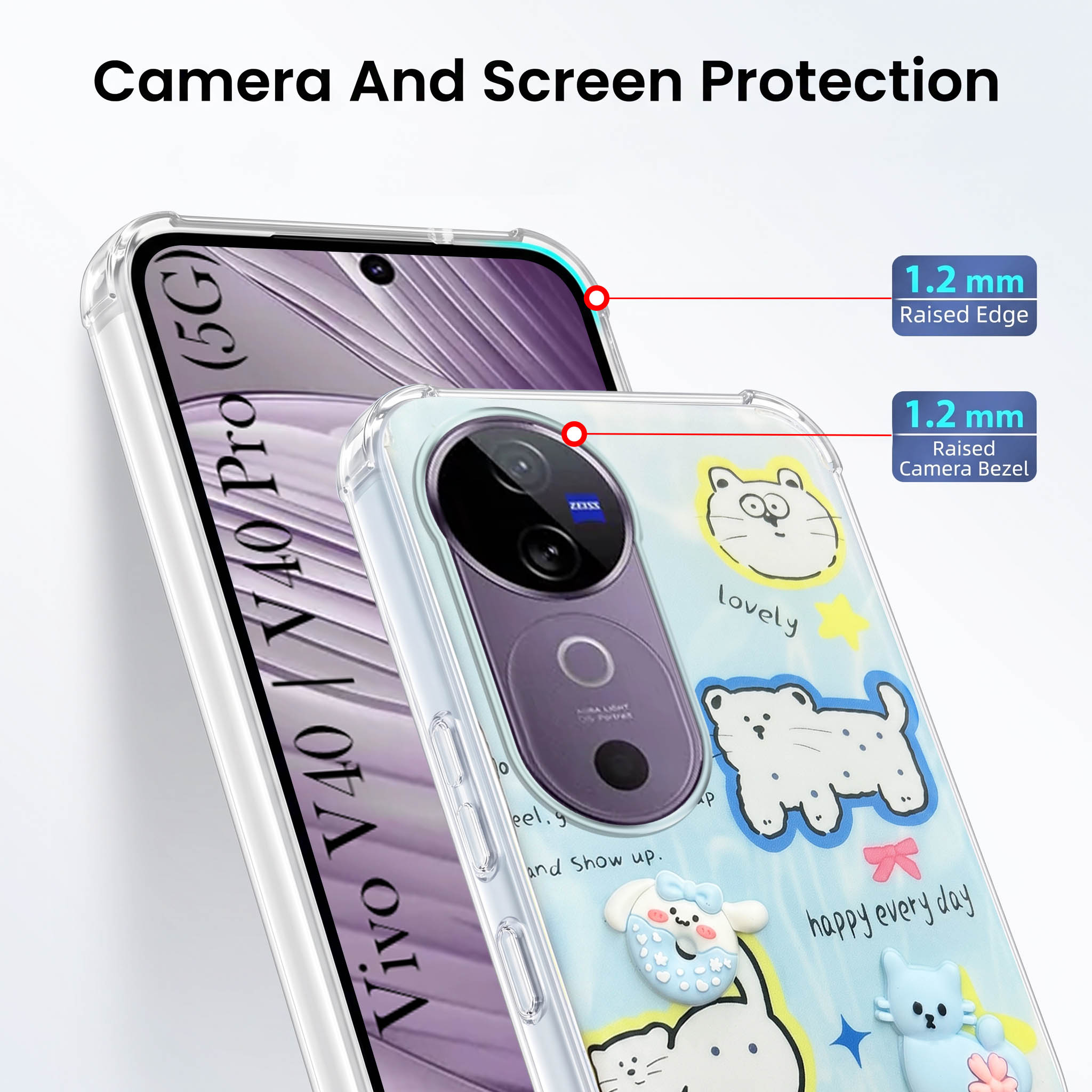 For Vivo V40 | Vivo V40 Pro 5G Back Cover Case (3D Cute Cartoons | Hard Back Side Soft | Matte Premium Finish | HD Printing)