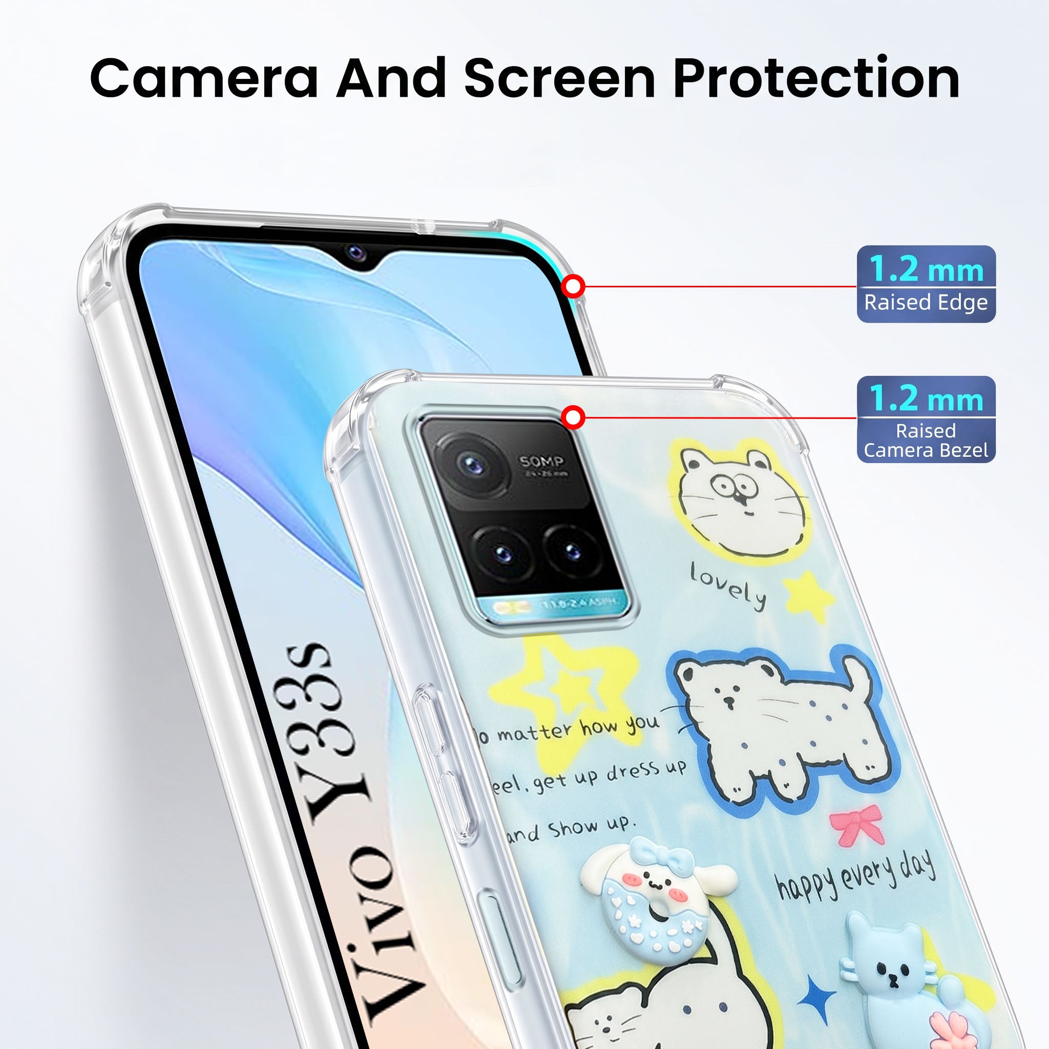 For Vivo Y33s Back Cover Case (3D Cute Cartoons | Hard Back Side Soft | Matte Premium Finish | HD Printing)