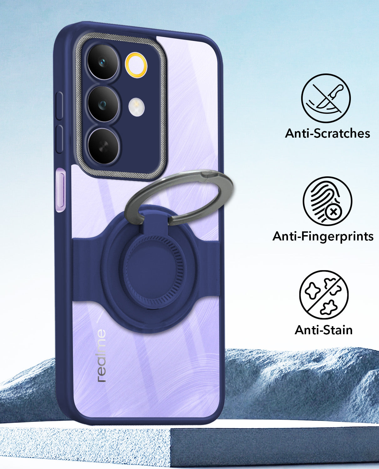 For Realme C85 5G | Realme Narzo 90x Back Cover Case with stand (Built-in Ring Holder Kickstand | Lifetime Anti Yellow | Camera Protection)