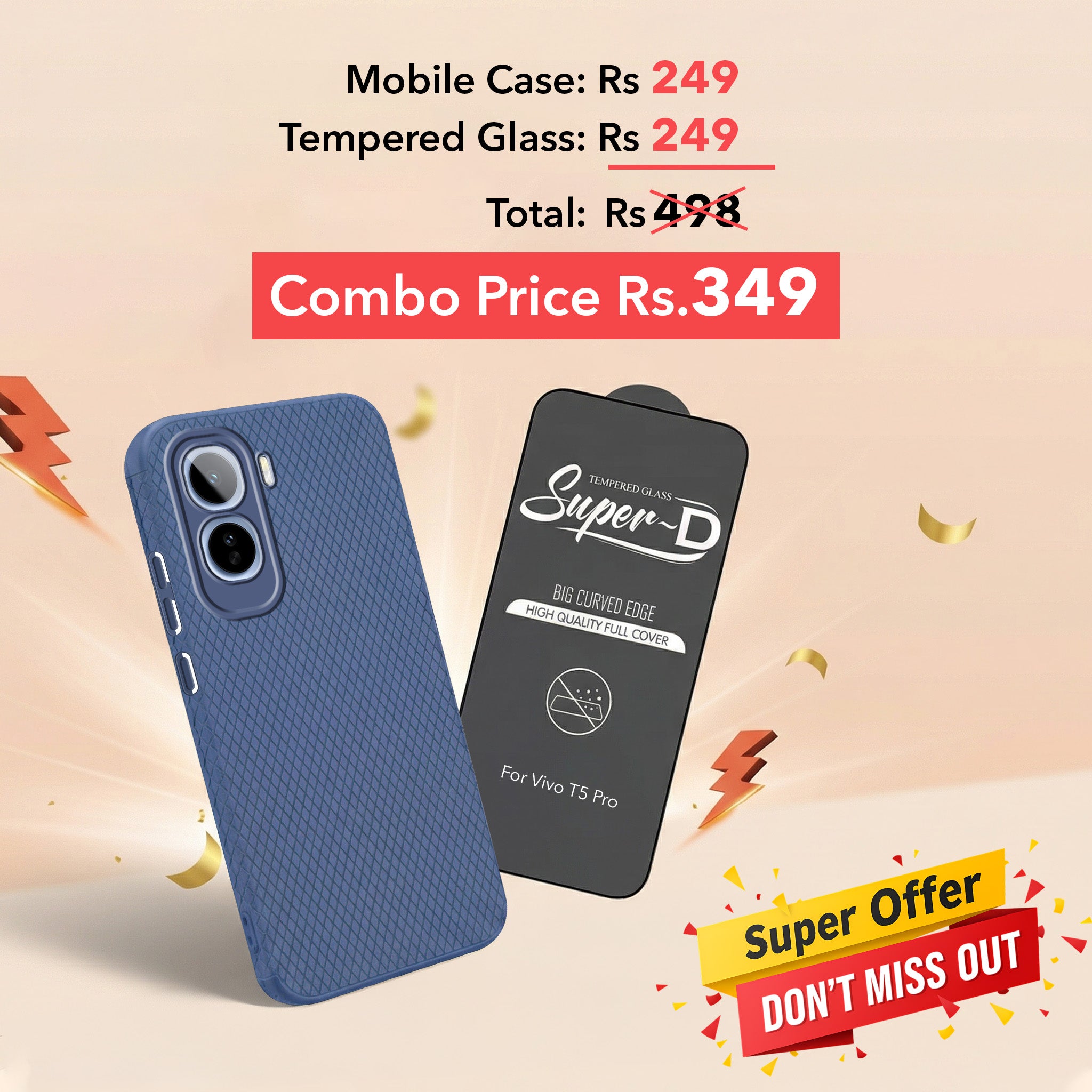 For Vivo T5 Pro 5G Combo with Back Cover and 9H Tempered Glass (Liquid Silicone | Camera Protection | Oleophobic Coating Screen Glass)