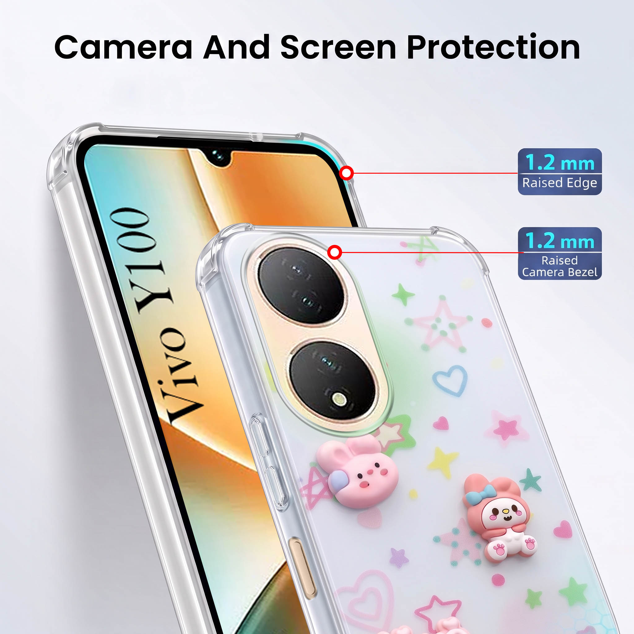 For Vivo Y100 Back Cover Case (3D Cute Cartoons | Hard Back Side Soft | Matte Premium Finish | HD Printing)