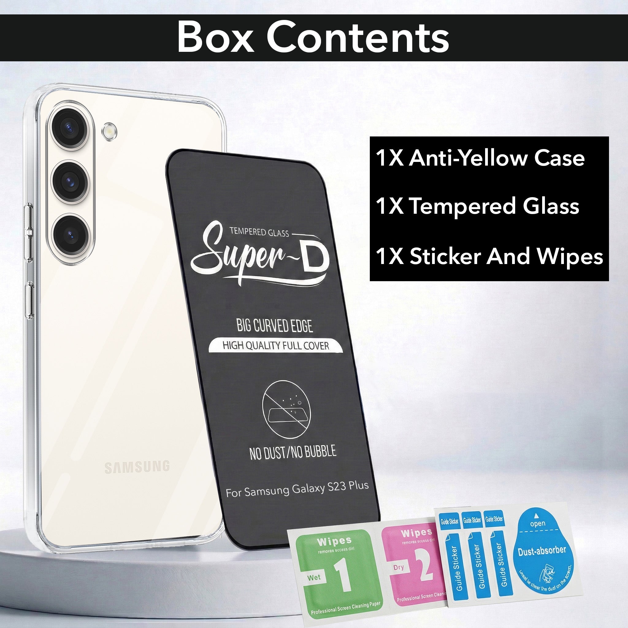 For Samsung Galaxy S23 Plus Combo with Back Cover and 9H Tempered Glass (Lifetime Anti-Yellow | Sleek Hard Crystal | Oleophobic Coating Screen Glass)