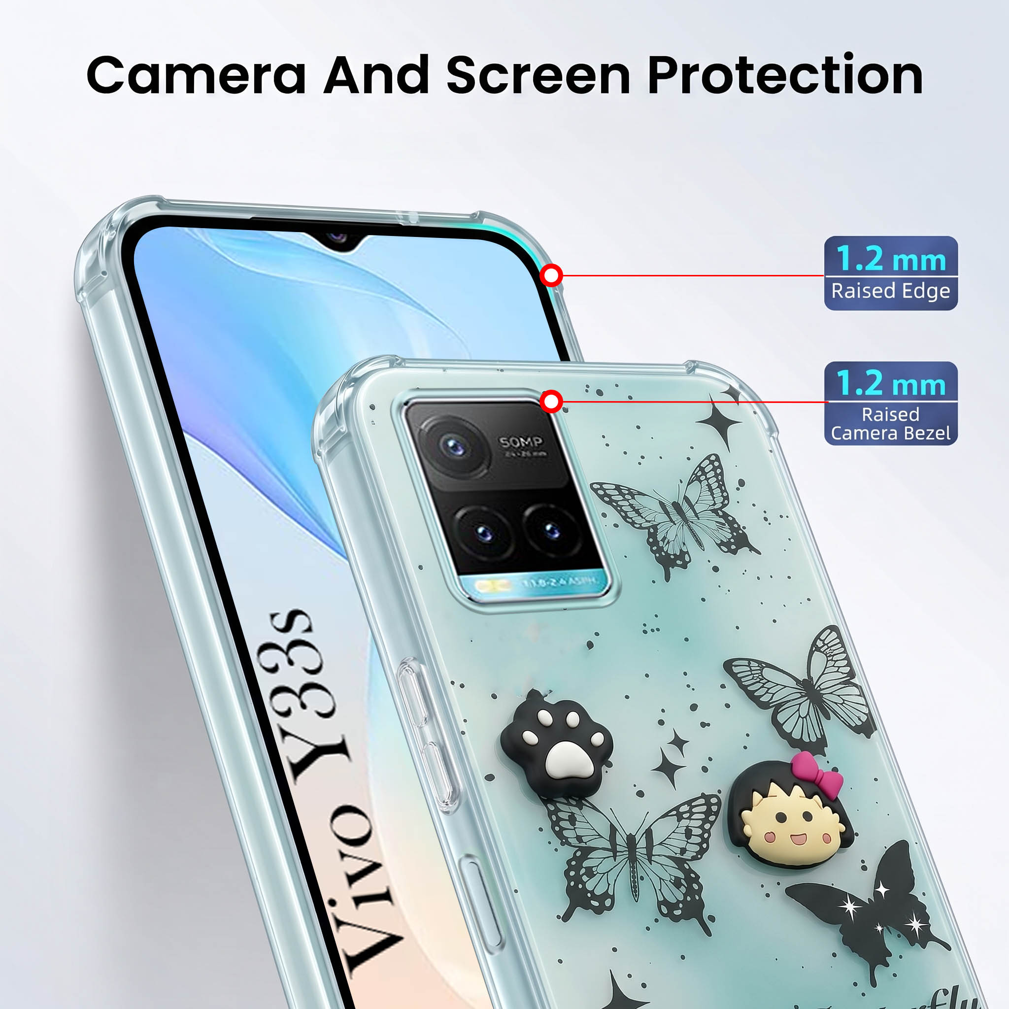 For Vivo Y33s Back Cover Case (3D Cute Cartoons | Hard Back Side Soft | Matte Premium Finish | HD Printing)