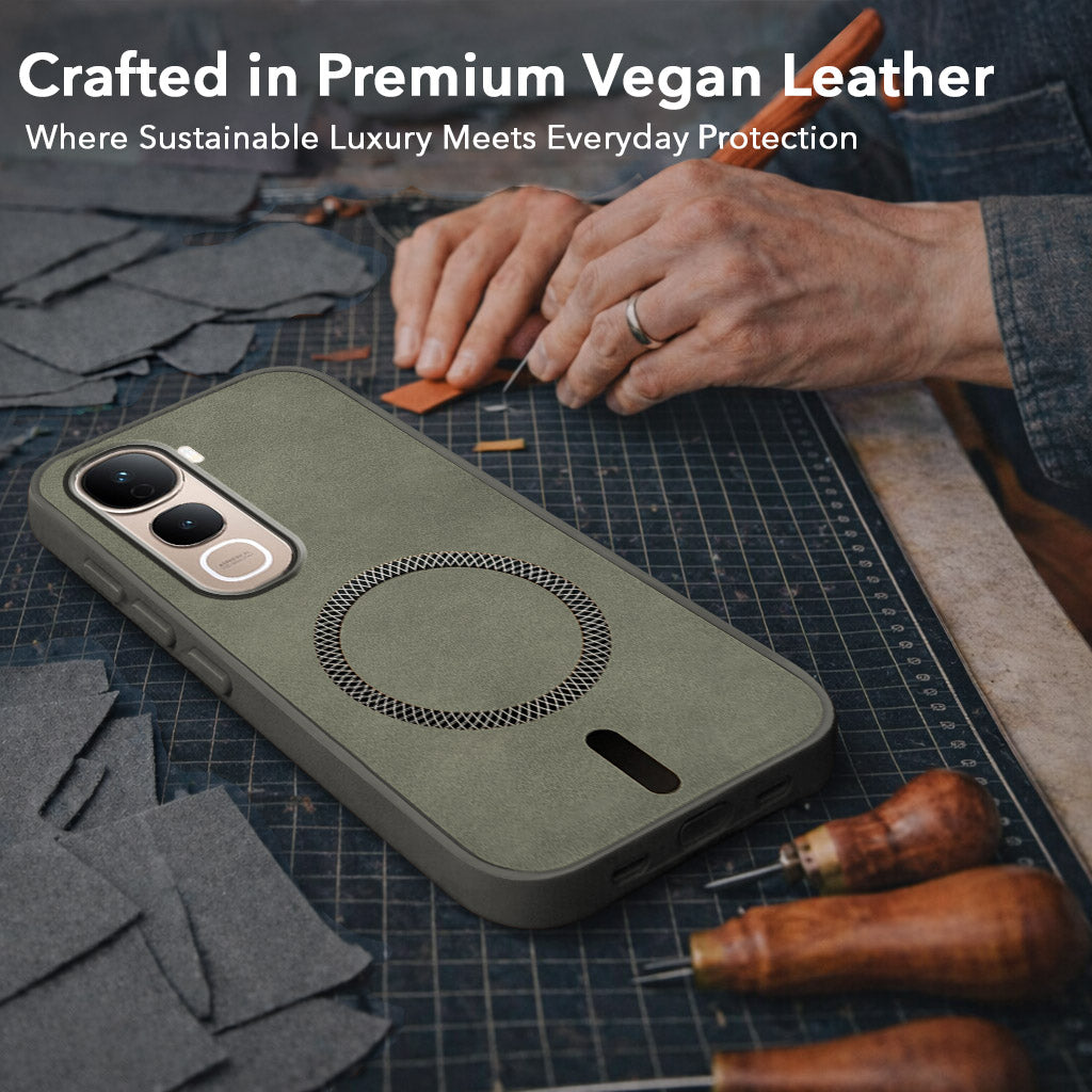 For Vivo Y400 Pro Back Cover Case Leather Finish (MagSafe Compatible Wireless Charging | Soft Touch | Camera Bump Protection)