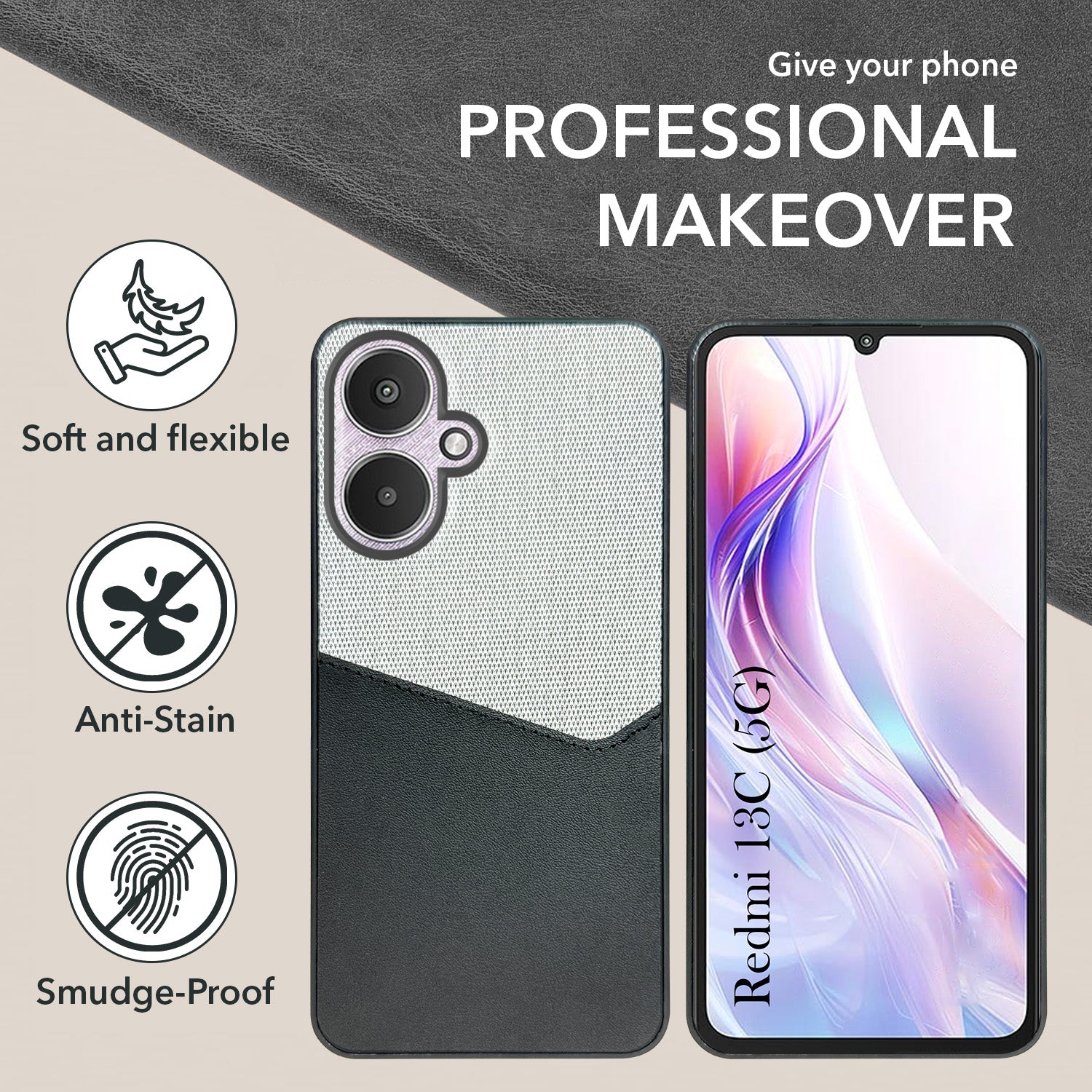 For Redmi 13C 5G Back Cover Case (Dual PU Leather Stitch | Professional Minimalist | Soft and Flexible)