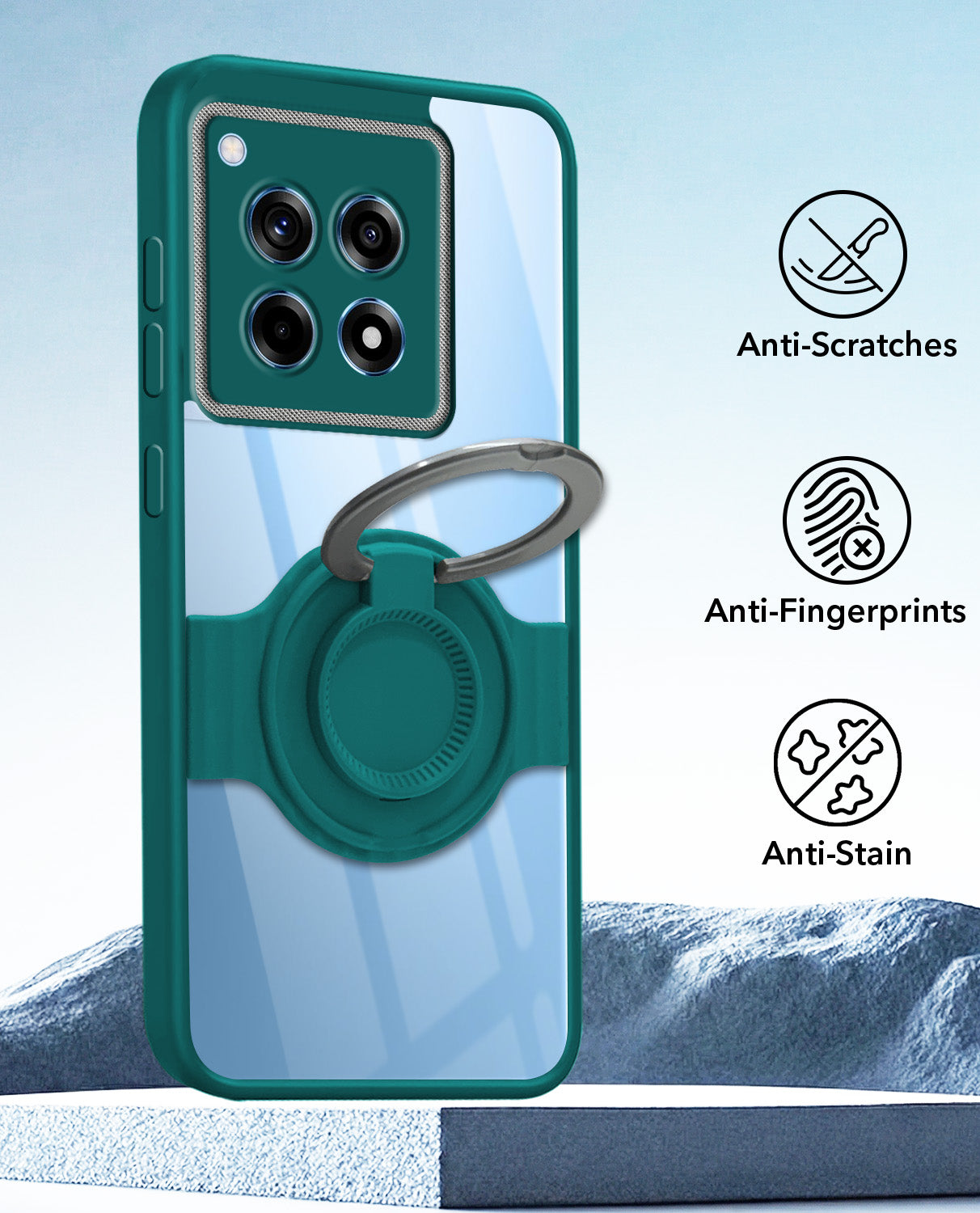 For OnePlus 12R 5G Back Cover Case with stand (Built-in Ring Holder Kickstand | Lifetime Anti Yellow | Camera Protection)