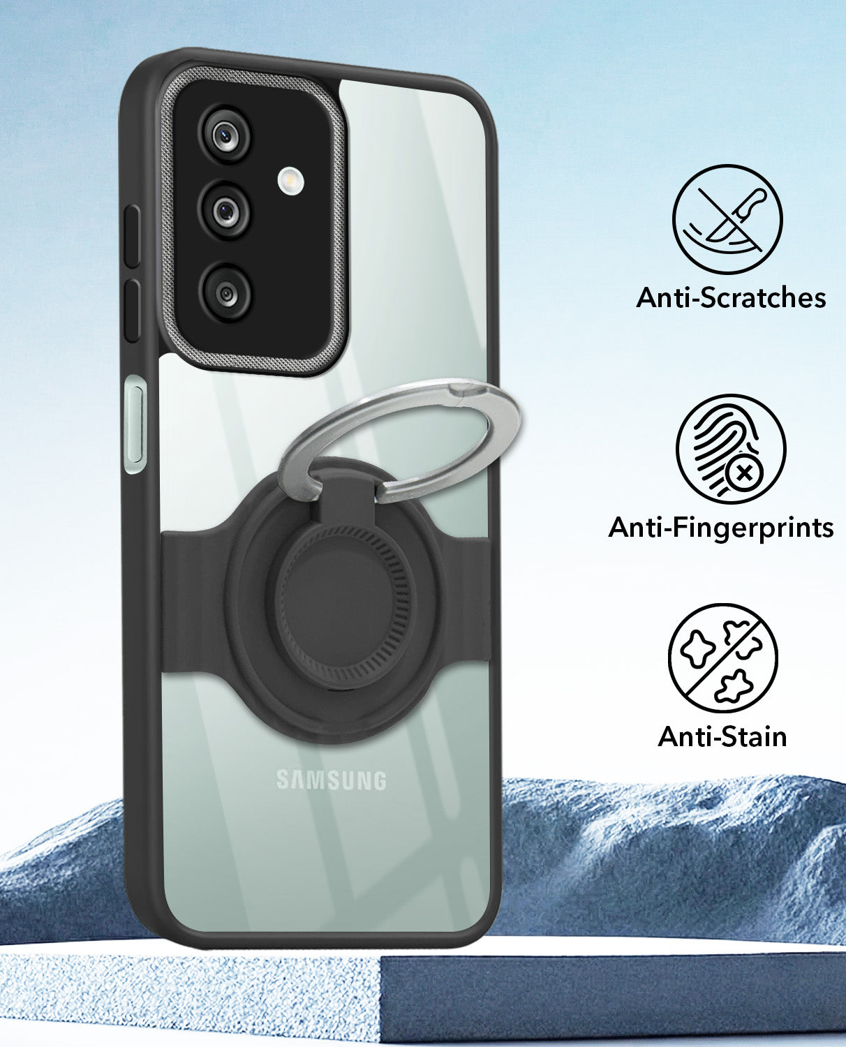 For Samsung Galaxy M36 | Samsung Galaxy F36 Back Cover Case with stand (Built-in Ring Holder Kickstand | Lifetime Anti Yellow | Camera Protection)