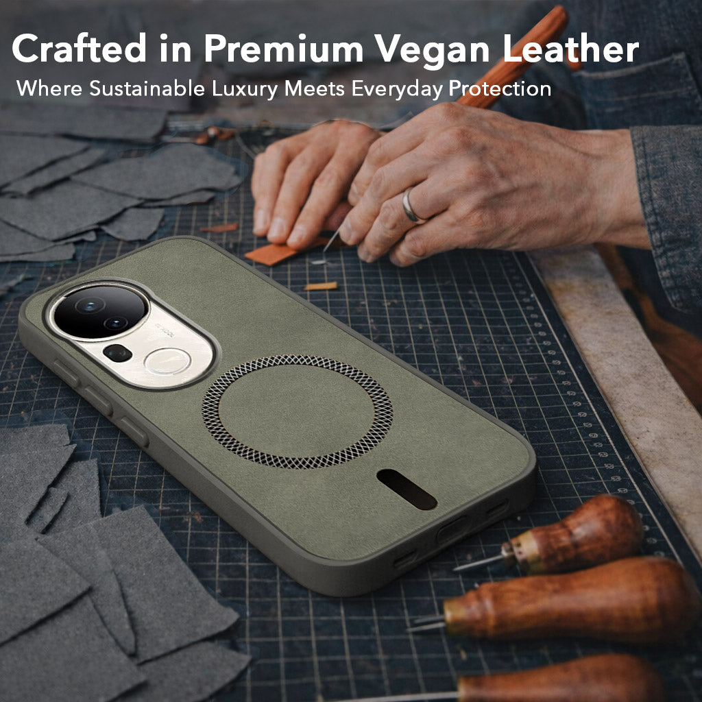 For Vivo T4 Ultra Back Cover Case Leather Finish (MagSafe Compatible Wireless Charging | Soft Touch | Camera Bump Protection)