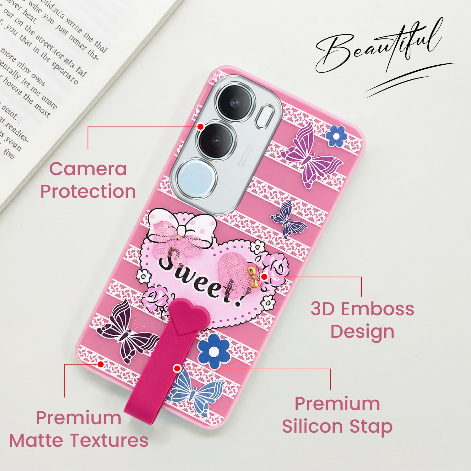For Vivo Y29 Back Cover Case (3D Cute Heart Strap Holder | Camera Protection | Designer Girls Print)