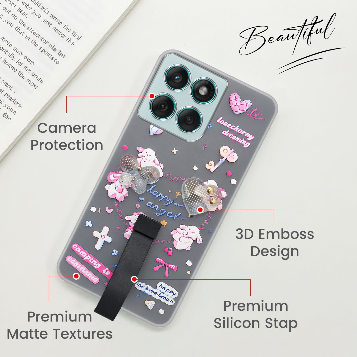 For Motorola Moto Edge 60 Fusion Back Cover Case (3D Cute Heart Strap Holder | Camera Protection | Designer Girls Print)