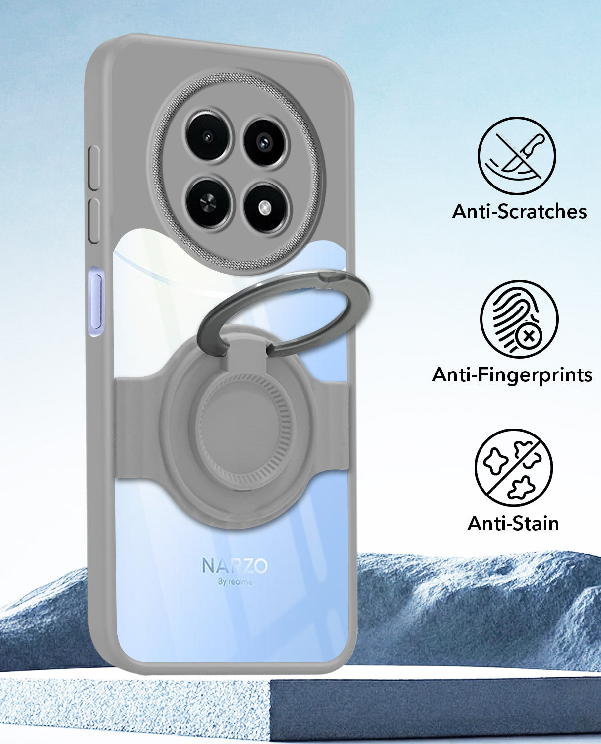 For Realme Narzo 70x 5G Back Cover Case with stand (Built-in Ring Holder Kickstand | Lifetime Anti Yellow | Camera Protection)