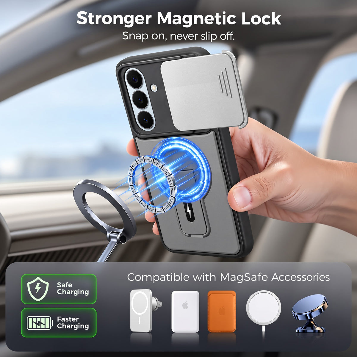 For Samsung Galaxy S26 5G Back Case Cover Metallic (Hybrid Armor Kickstand | Sliding Shutter Camera Protection | MagSafe Compatible)