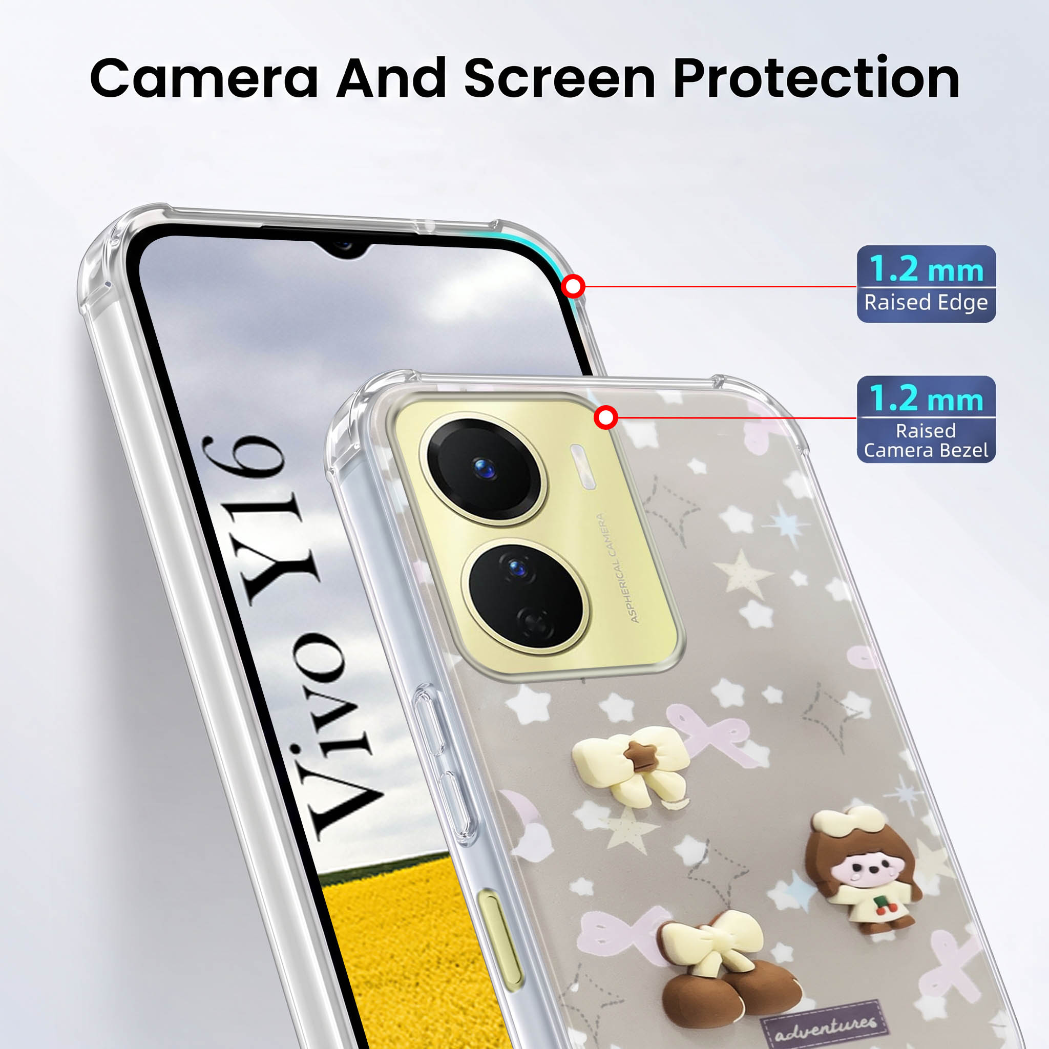 For Vivo Y16 Back Cover Case (3D Cute Cartoons | Hard Back Side Soft | Matte Premium Finish | HD Printing)