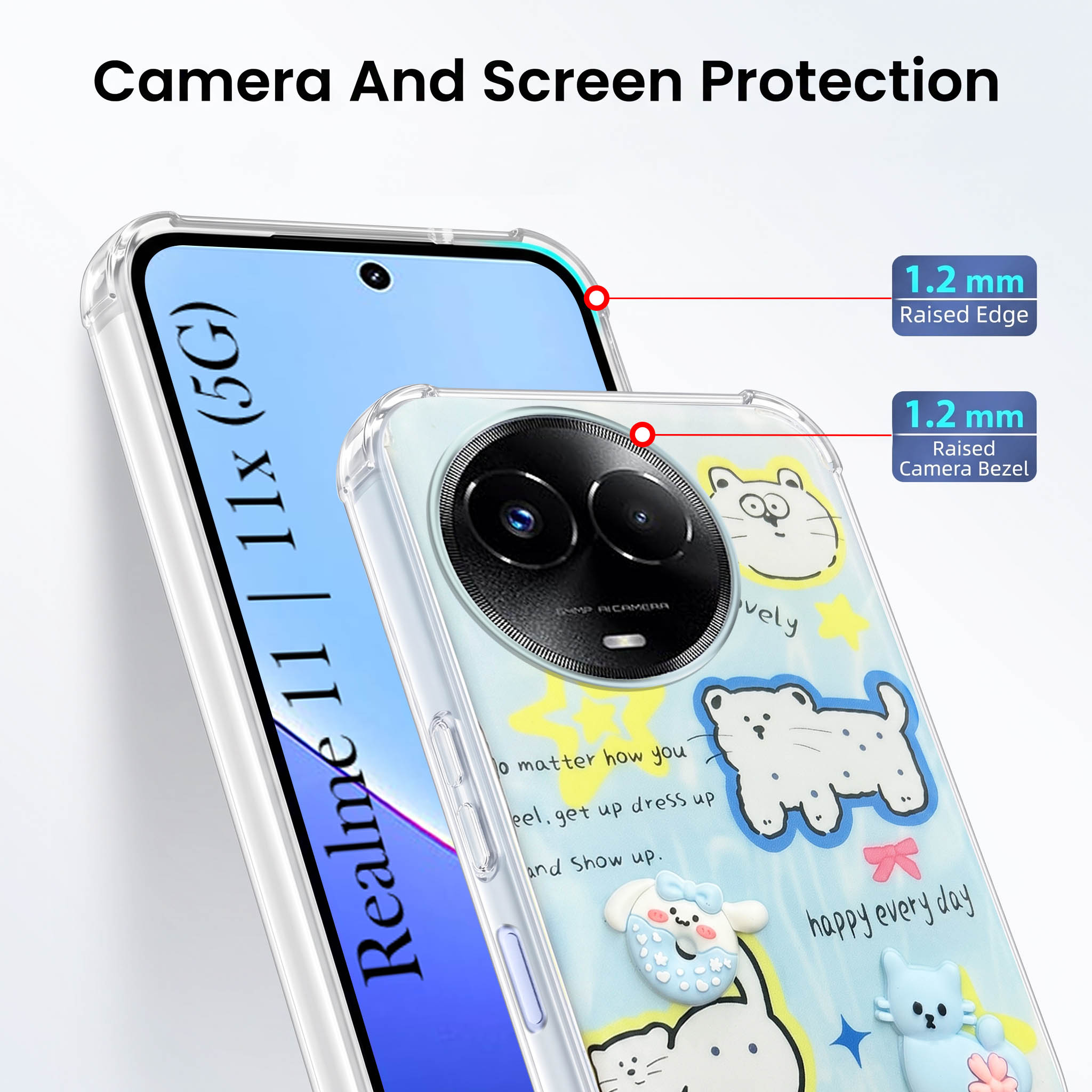 For Realme 11 5G | Realme 11x 5G Back Cover Case (3D Cute Cartoons | Hard Back Side Soft | Matte Premium Finish | HD Printing)