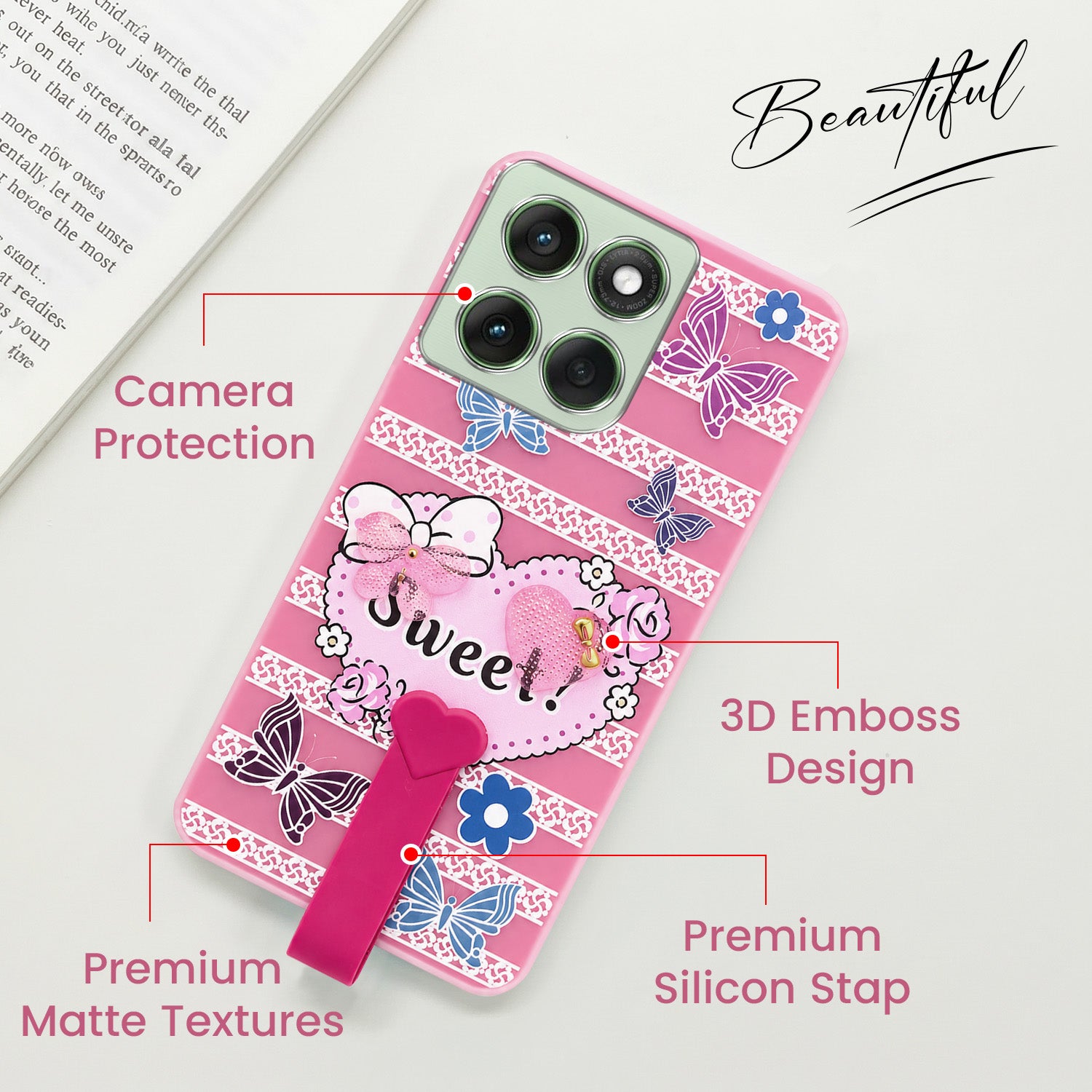 For Motorola Moto Edge 60 Back Cover Case (3D Cute Heart Strap Holder | Camera Protection | Designer Girls Print)
