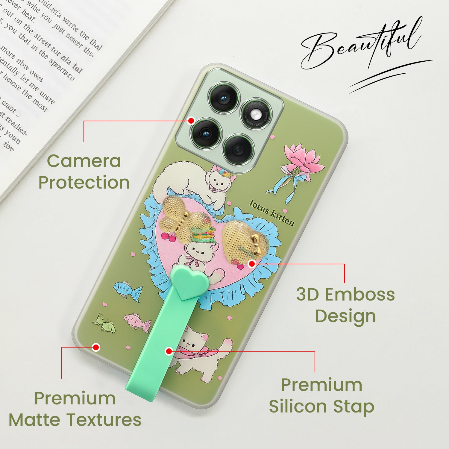 For Motorola Moto Edge 60 Back Cover Case (3D Cute Heart Strap Holder | Camera Protection | Designer Girls Print)