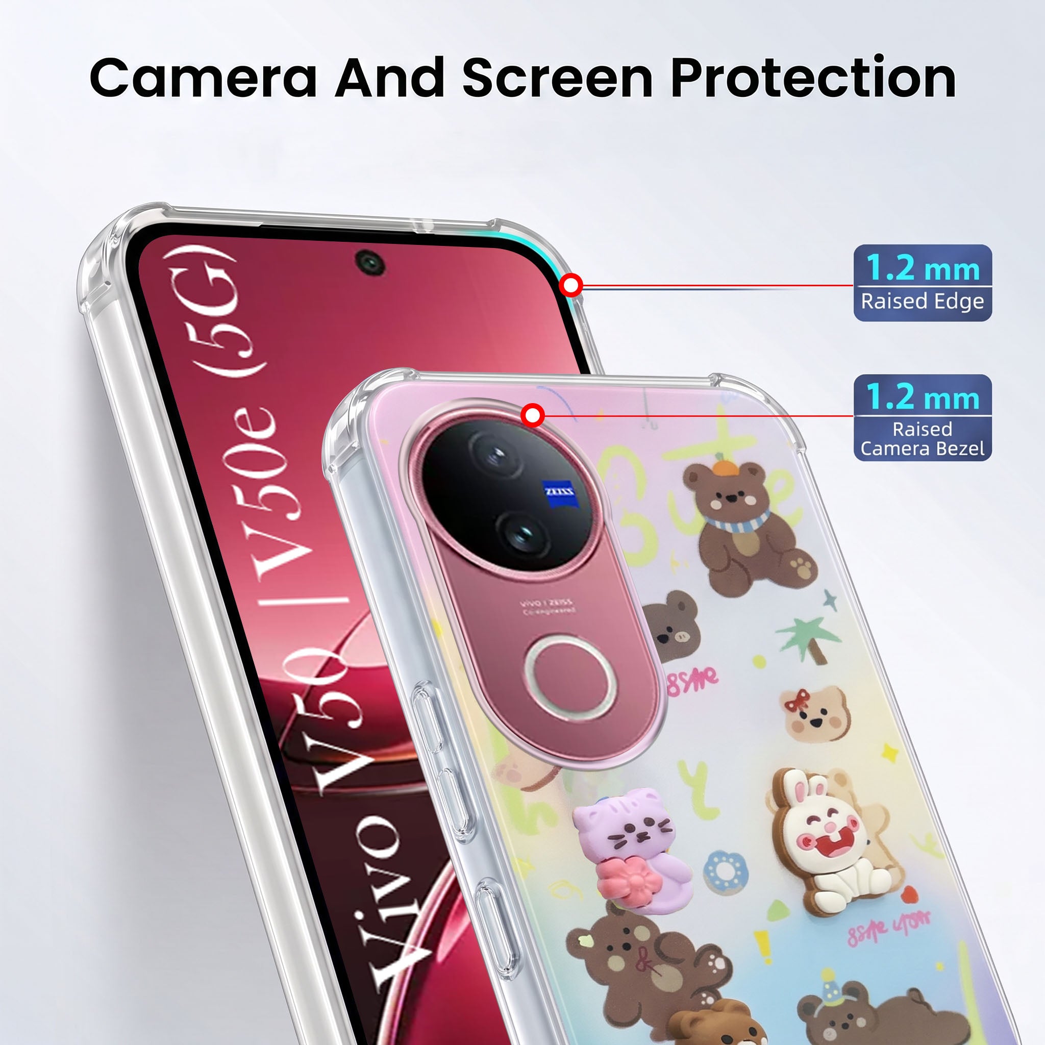For Vivo V50 | Vivo V50e Back Cover Case (3D Cute Cartoons | Hard Back Side Soft | Matte Premium Finish | HD Printing)