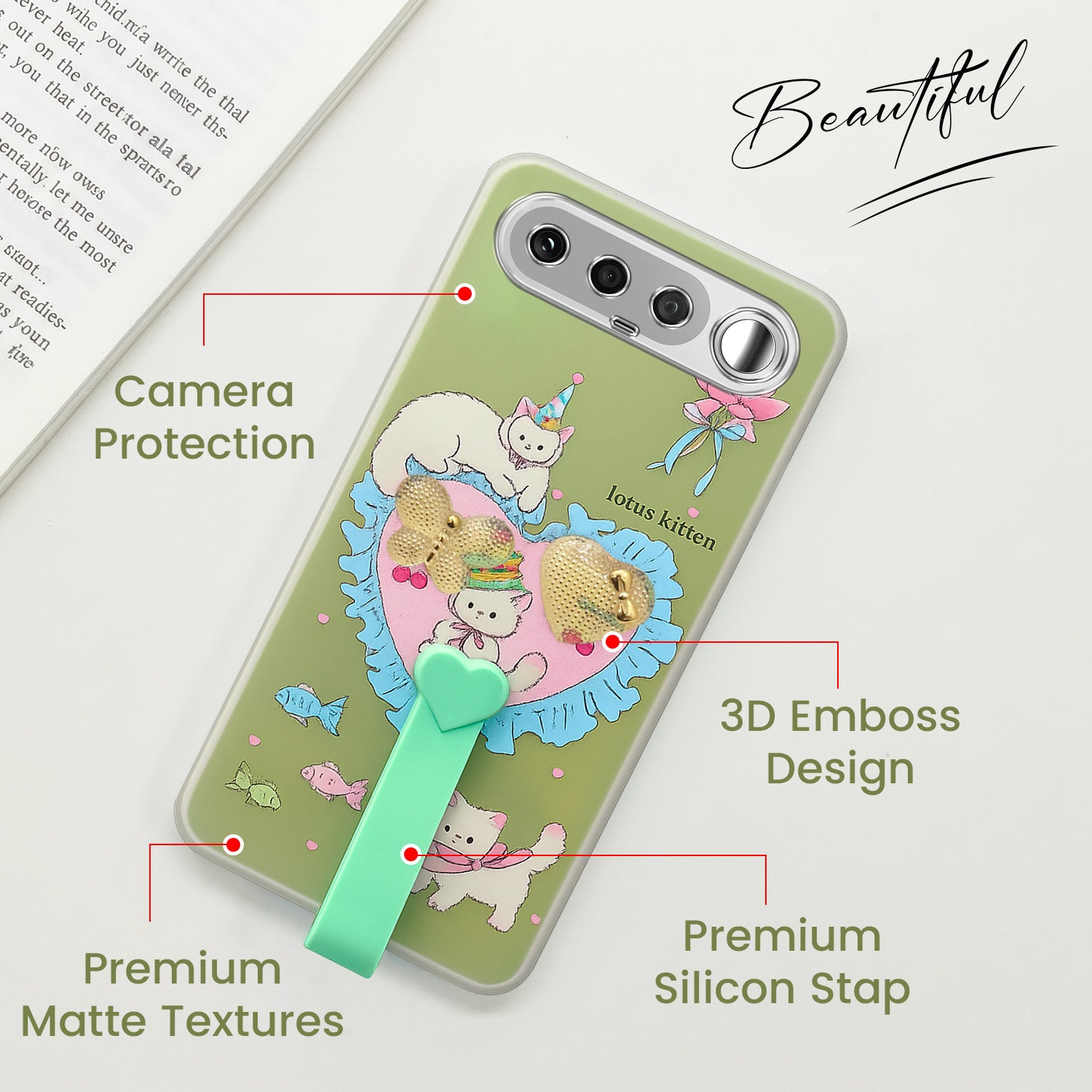 For Realme 16 Back Cover Case (3D Cute Heart Strap Holder | Camera Protection | Designer Girls Print)