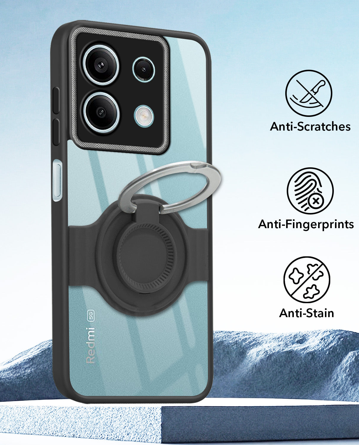 For Xiaomi Redmi Note 13 5G Back Cover Case with stand (Built-in Ring Holder Kickstand | Lifetime Anti Yellow | Camera Protection)