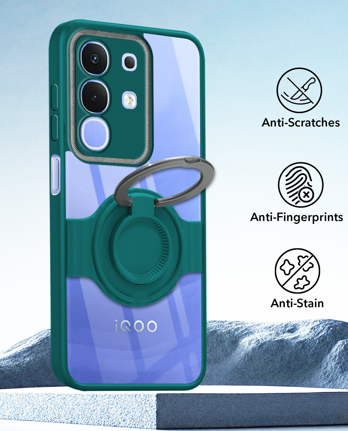 For Vivo iQOO Z10x Back Cover Case with stand (Built-in Ring Holder Kickstand | Lifetime Anti Yellow | Camera Protection)