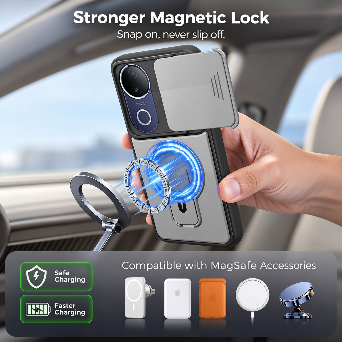 For Vivo T4R Back Case Cover Metallic (Hybrid Armor Kickstand | Sliding Shutter Camera Protection | MagSafe Compatible)