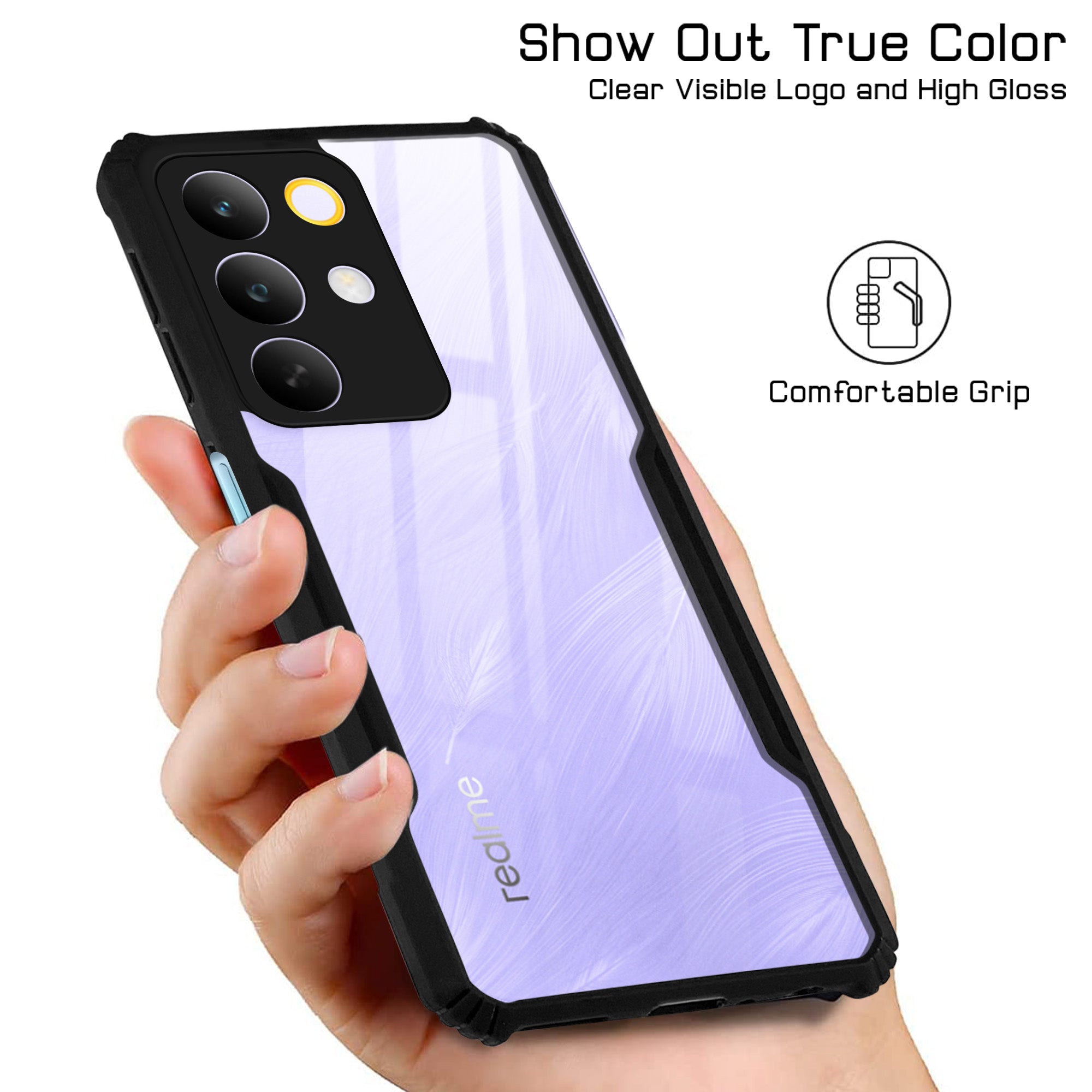 For Realme C85 5G | Realme Narzo 90x Back Cover Case Hybrid (Shockproof with Polycarbonate Clear Panel | Professional Black)