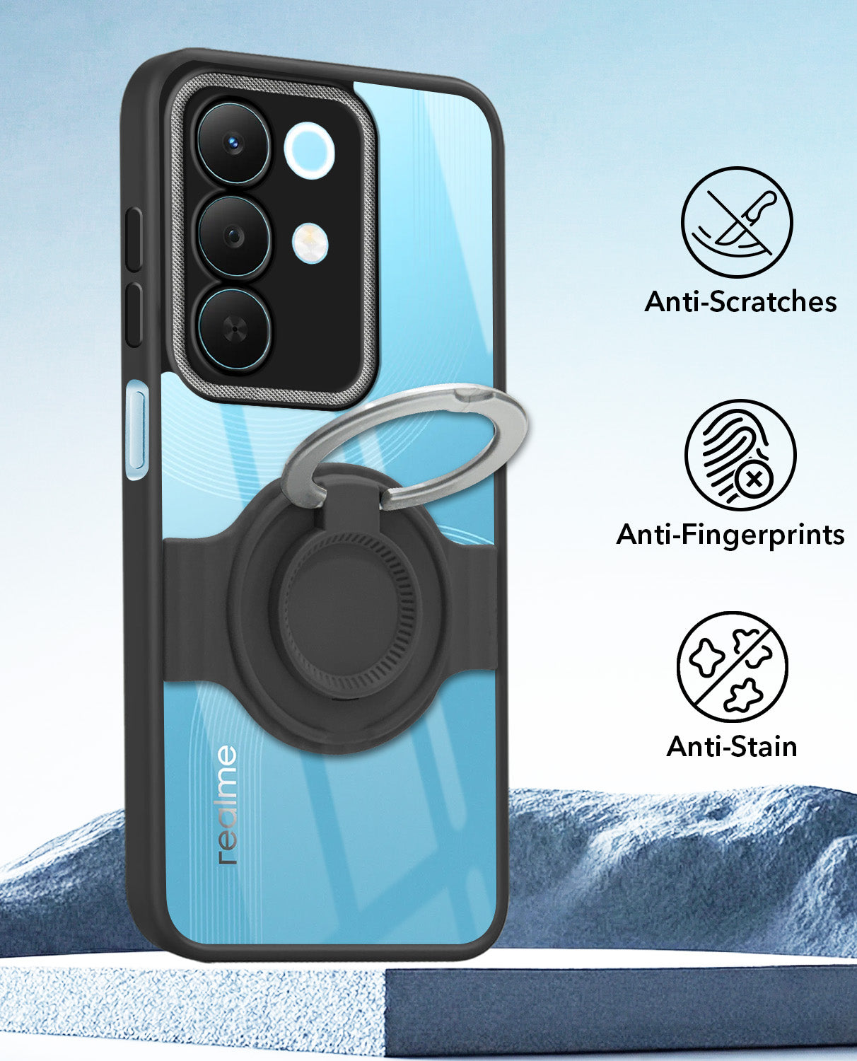 For Realme 15X Back Cover Case with stand (Built-in Ring Holder Kickstand | Lifetime Anti Yellow | Camera Protection)