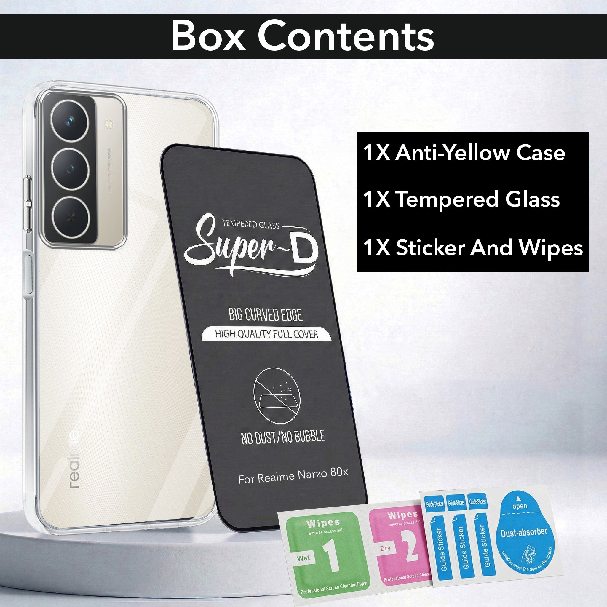 For Realme Narzo 80x Combo with Back Cover and 9H Tempered Glass (Lifetime Anti-Yellow | Sleek Hard Crystal | Oleophobic Coating Screen Glass)