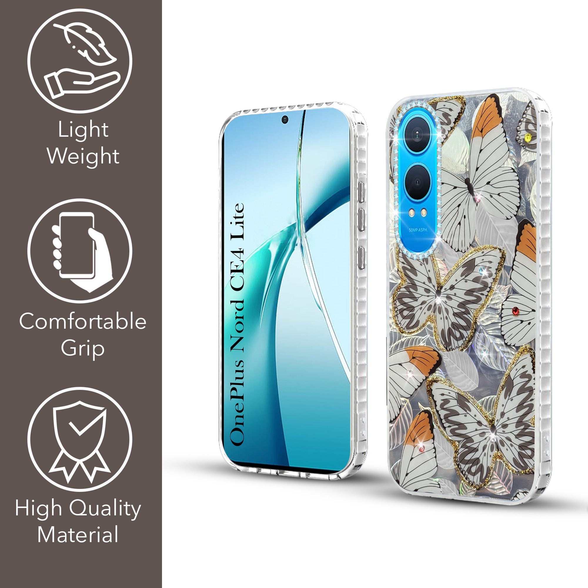 For OnePlus Nord CE 4 Lite Back Cover Case (Luxury Floral Glitter Cute Butterfly | Diamond Studded Camera Bump | Girls & Women Design)