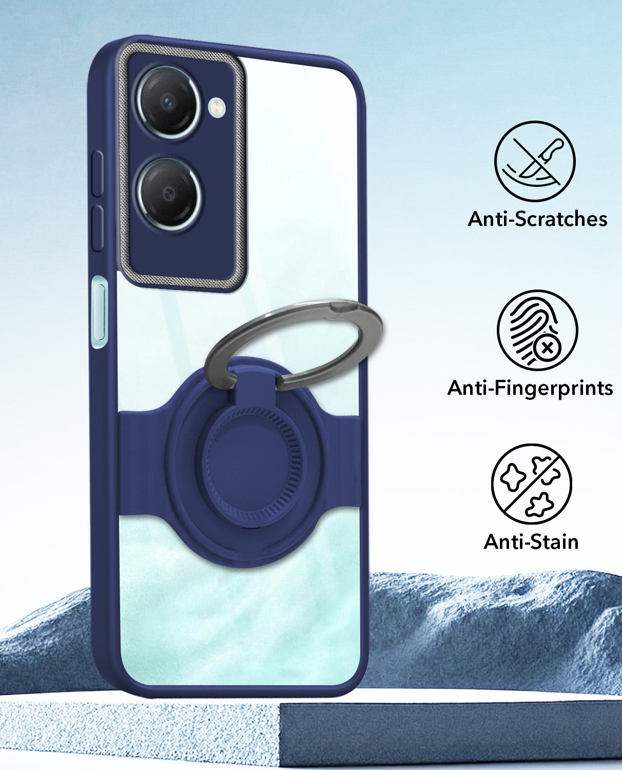 For Vivo iQOO Z9 Lite Back Cover Case with stand (Built-in Ring Holder Kickstand | Lifetime Anti Yellow | Camera Protection)