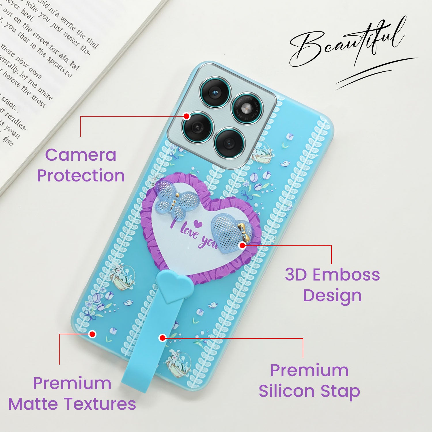 For Motorola Moto Edge 60 Fusion Back Cover Case (3D Cute Heart Strap Holder | Camera Protection | Designer Girls Print)