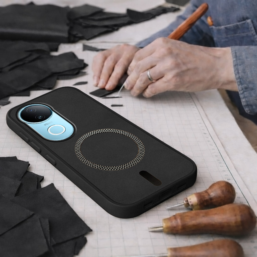 For Vivo iQOO Z10R Back Cover Case Leather Finish (MagSafe Compatible Wireless Charging | Soft Touch | Camera Bump Protection)