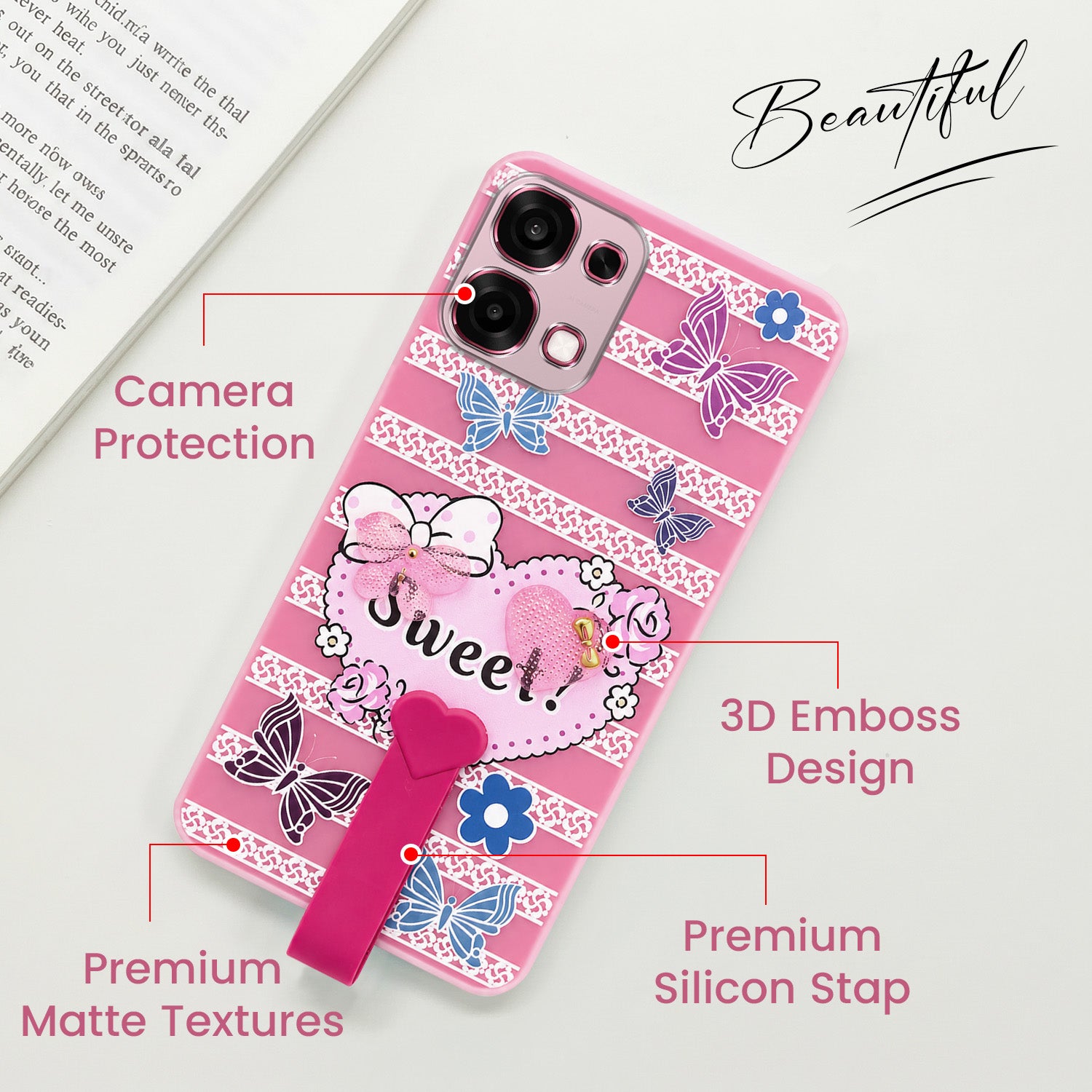 For Oppo F31 5G | Oppo F33 5G Back Cover Case (3D Cute Heart Strap Holder | Camera Protection | Designer Girls Print)