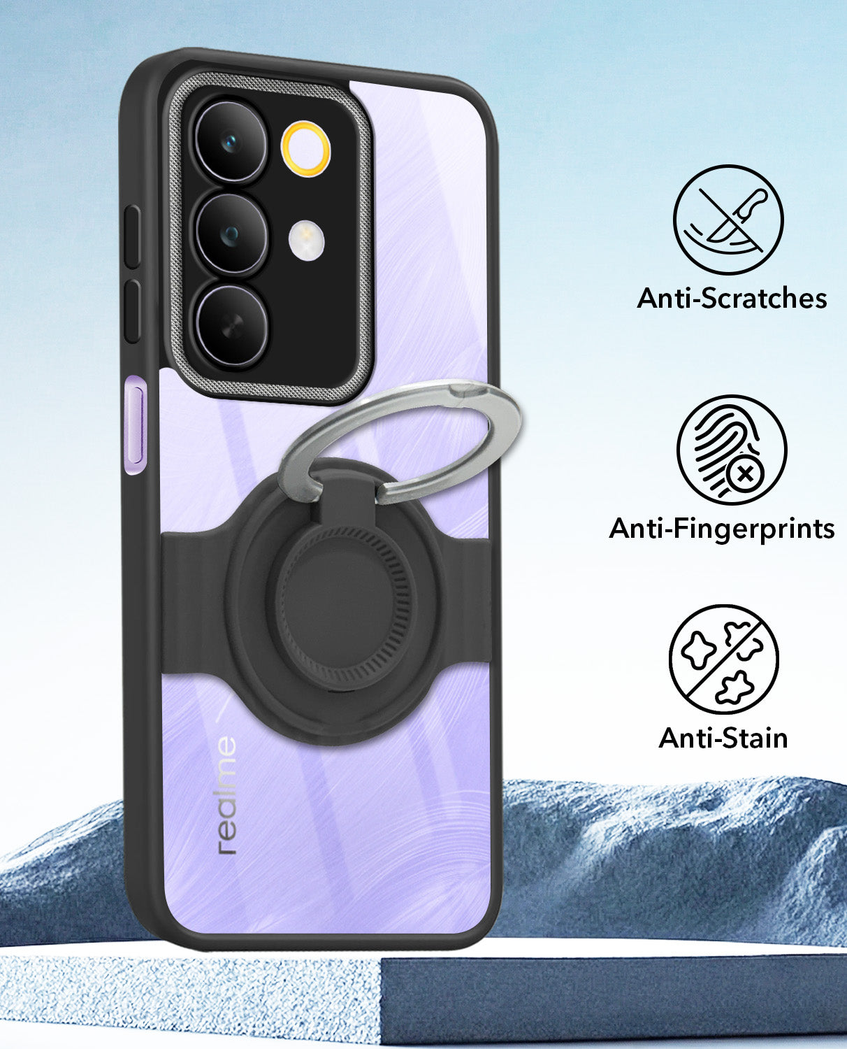 For Realme C85 5G | Realme Narzo 90x Back Cover Case with stand (Built-in Ring Holder Kickstand | Lifetime Anti Yellow | Camera Protection)
