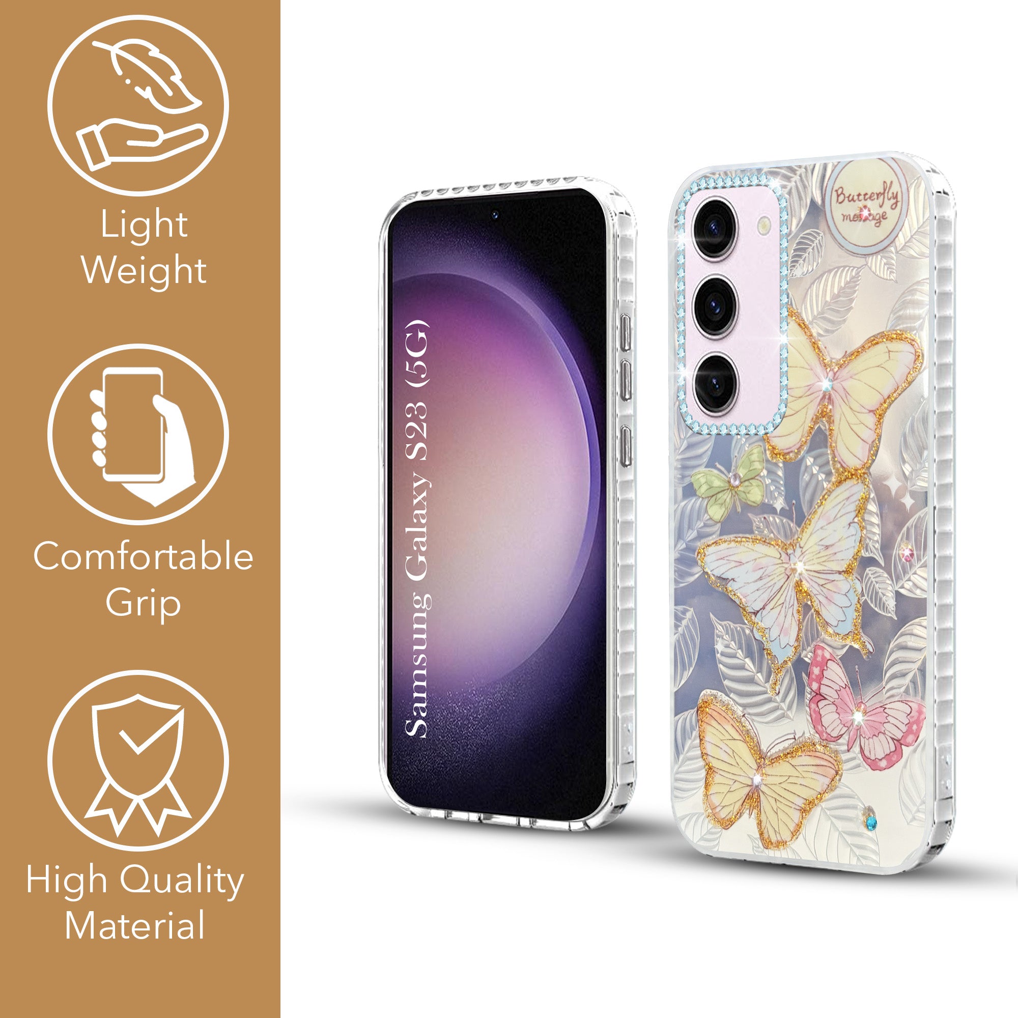 For Samsung Galaxy S23 5G Back Cover Case (Luxury Floral Glitter Cute Butterfly | Diamond Studded Camera Bump | Girls & Women Design)