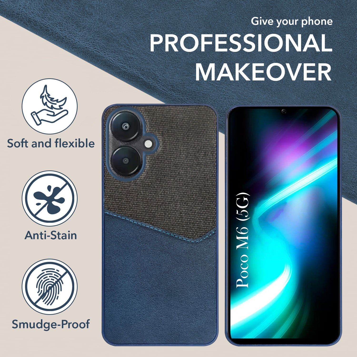 For Poco M6 5G Back Cover Case (Dual PU Leather Stitch | Professional Minimalist | Soft and Flexible)