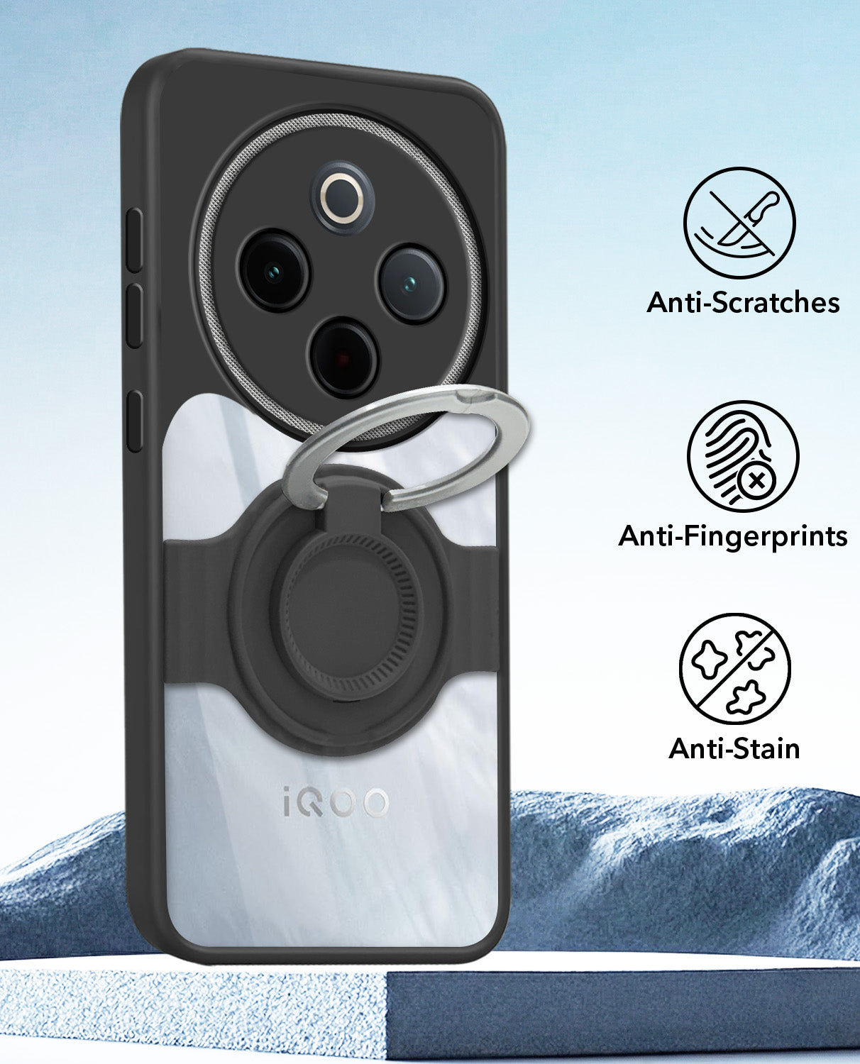 For Vivo iQOO Z10 Back Cover Case with stand (Built-in Ring Holder Kickstand | Lifetime Anti Yellow | Camera Protection)