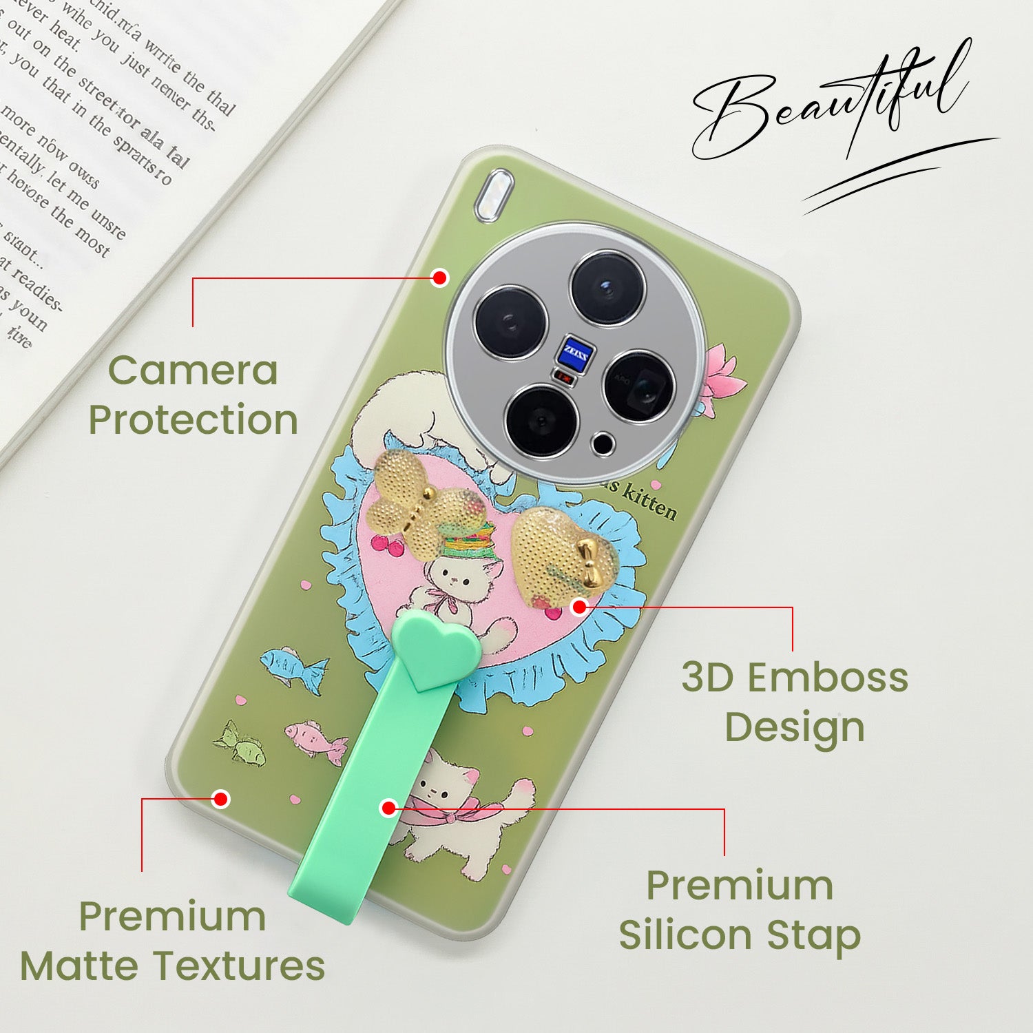 For Vivo X300 5G Back Cover Case (3D Cute Heart Strap Holder | Camera Protection | Designer Girls Print)