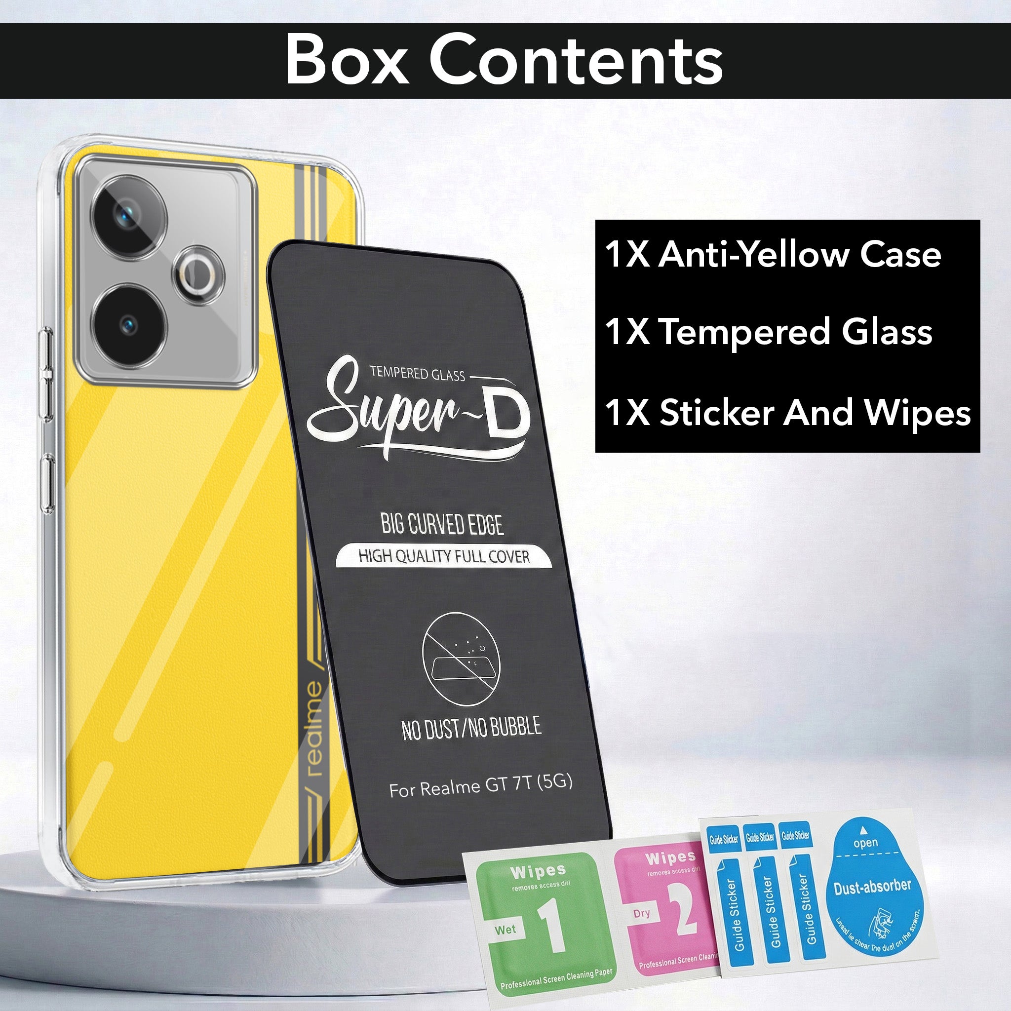 For Realme GT 7T Combo with Back Cover and 9H Tempered Glass (Lifetime Anti-Yellow | Sleek Hard Crystal | Oleophobic Coating Screen Glass)