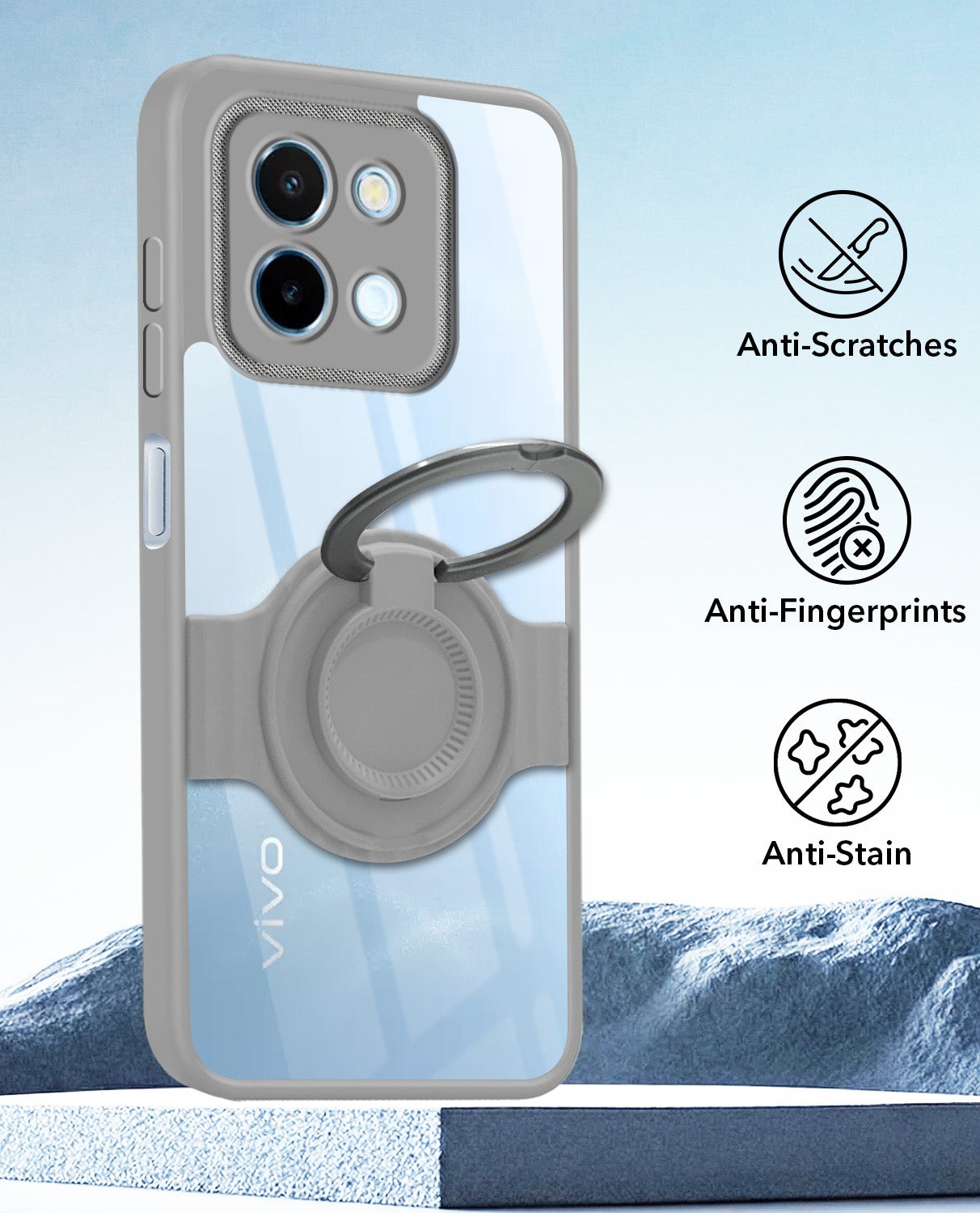 For Vivo Y58 5G Back Cover Case with stand (Built-in Ring Holder Kickstand | Lifetime Anti Yellow | Camera Protection)