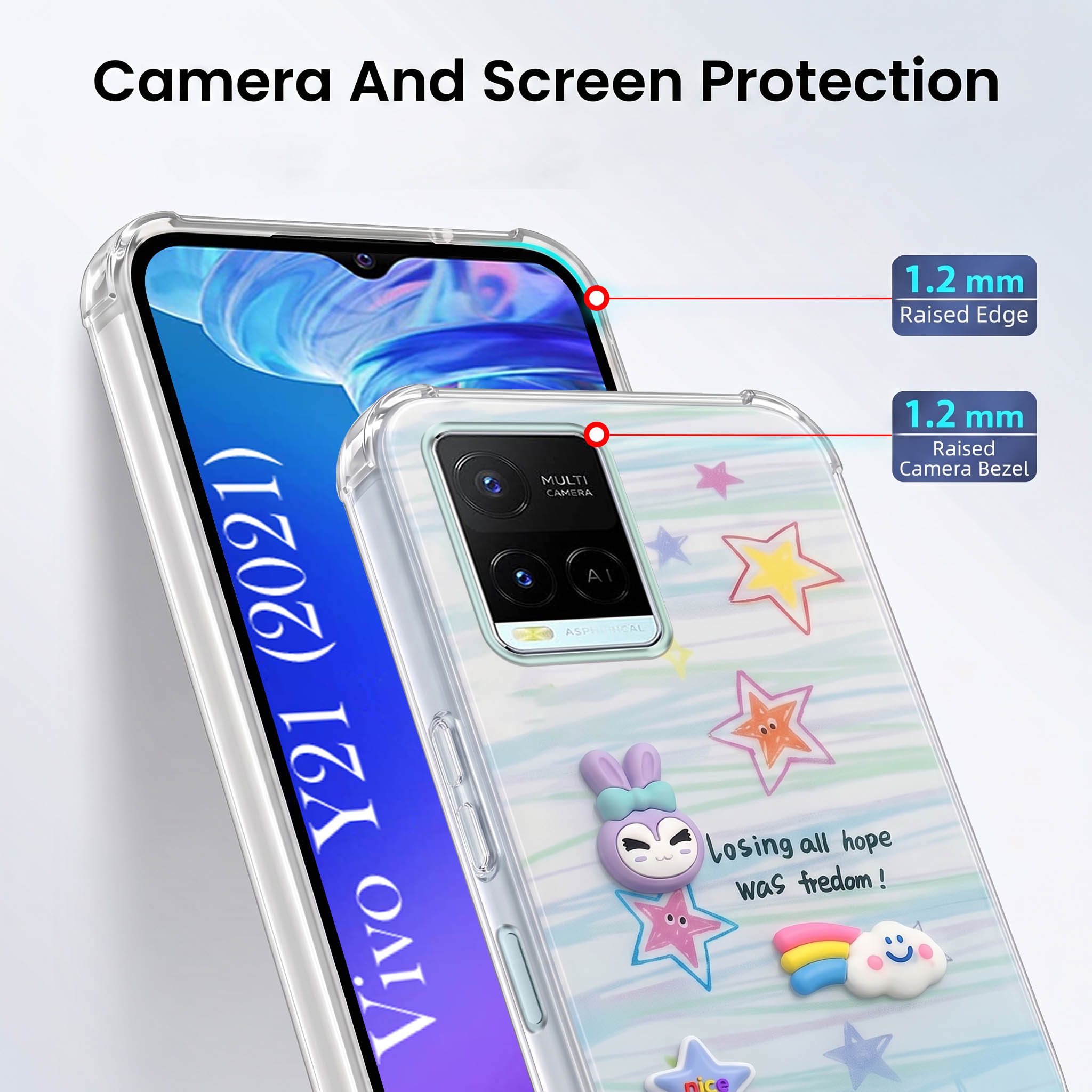 For Vivo Y21 2021 Back Cover Case (3D Cute Cartoons | Hard Back Side Soft | Matte Premium Finish | HD Printing)
