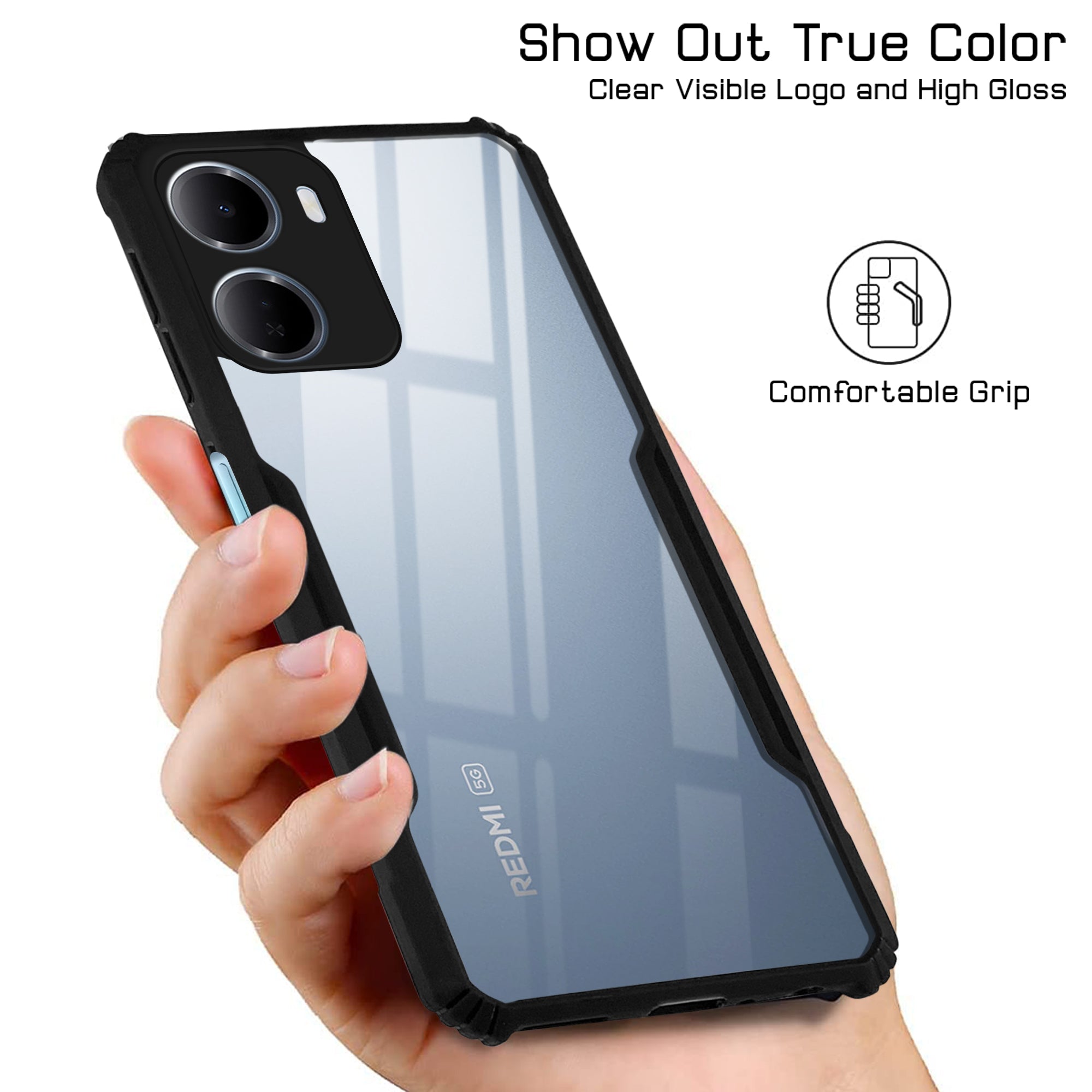 For Redmi 15A 5G Back Cover Case Hybrid (Shockproof with Polycarbonate Clear Panel | Professional Black)