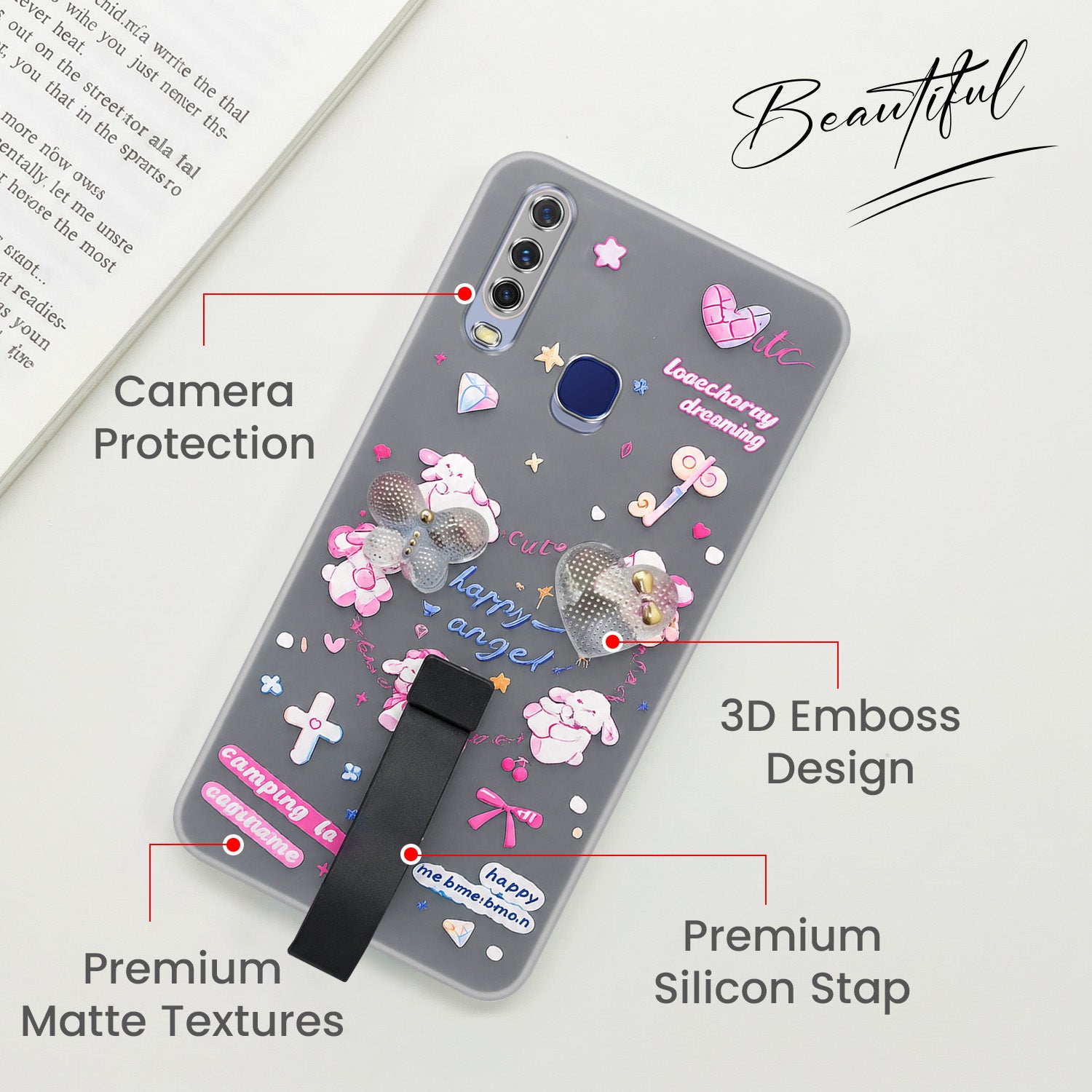 For Vivo Y12 | Y15 | Y17 Back Cover Case (3D Cute Heart Strap Holder | Camera Protection | Designer Girls Print)