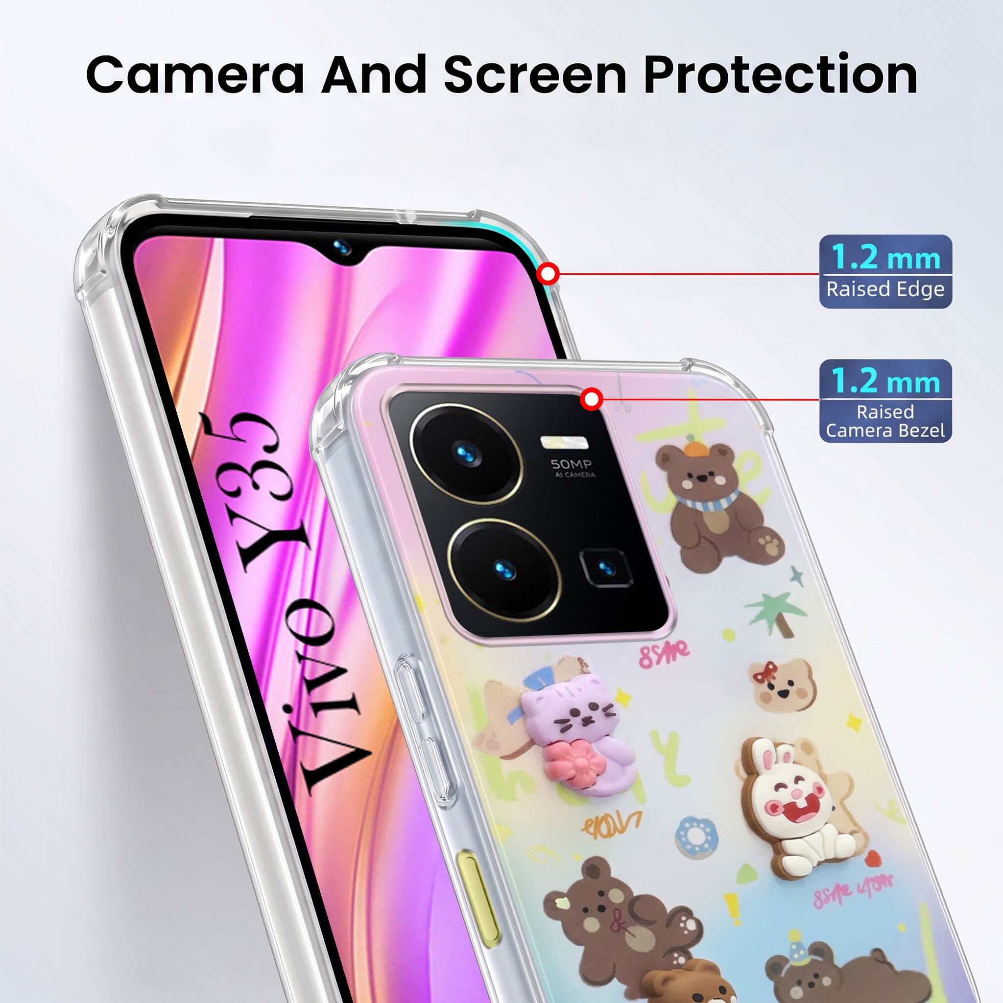 For Vivo Y35 Back Cover Case (3D Cute Cartoons | Hard Back Side Soft | Matte Premium Finish | HD Printing)