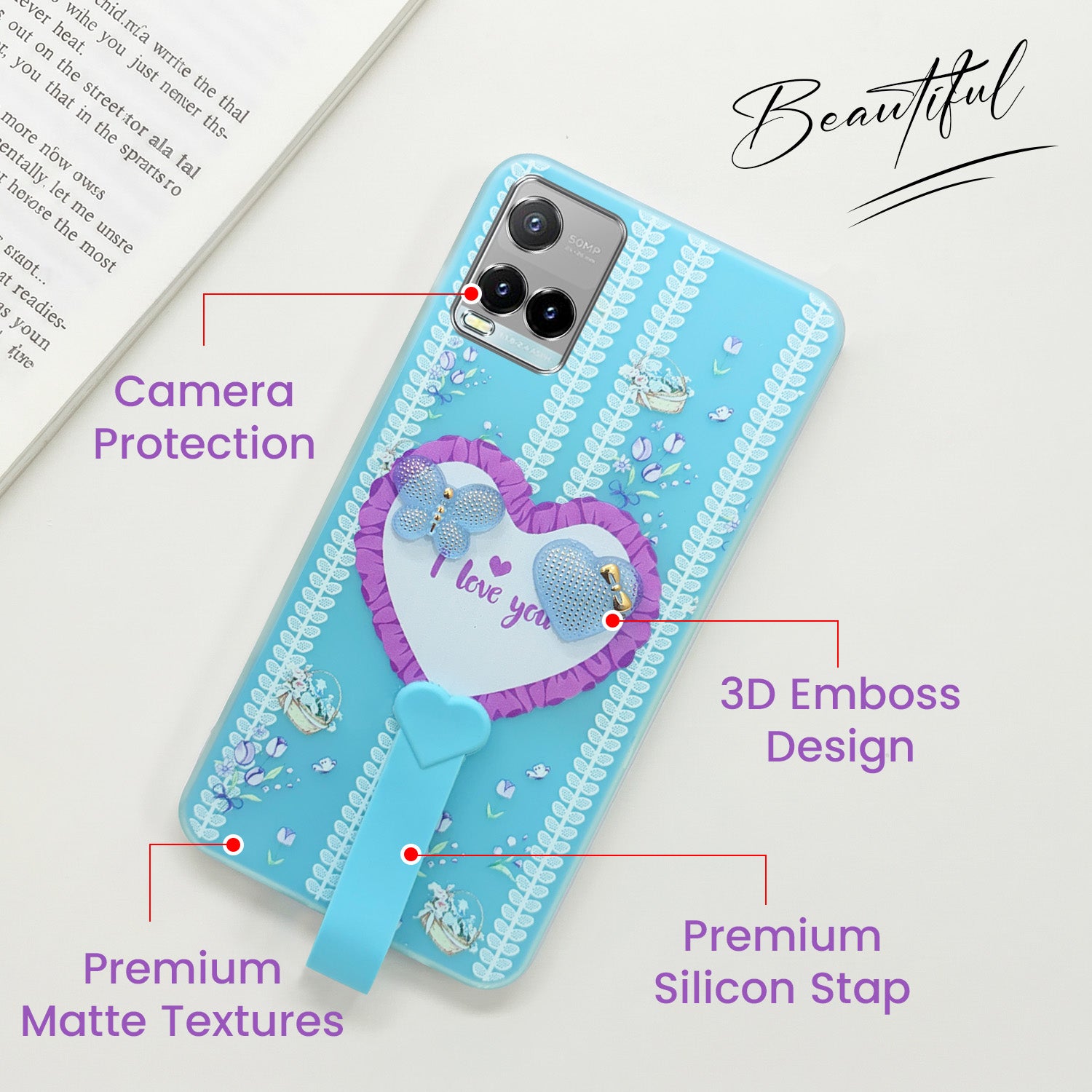 For Vivo Y33T | Vivo Y21T | Vivo Y21s Back Cover Case (3D Cute Heart Strap Holder | Camera Protection | Designer Girls Print)