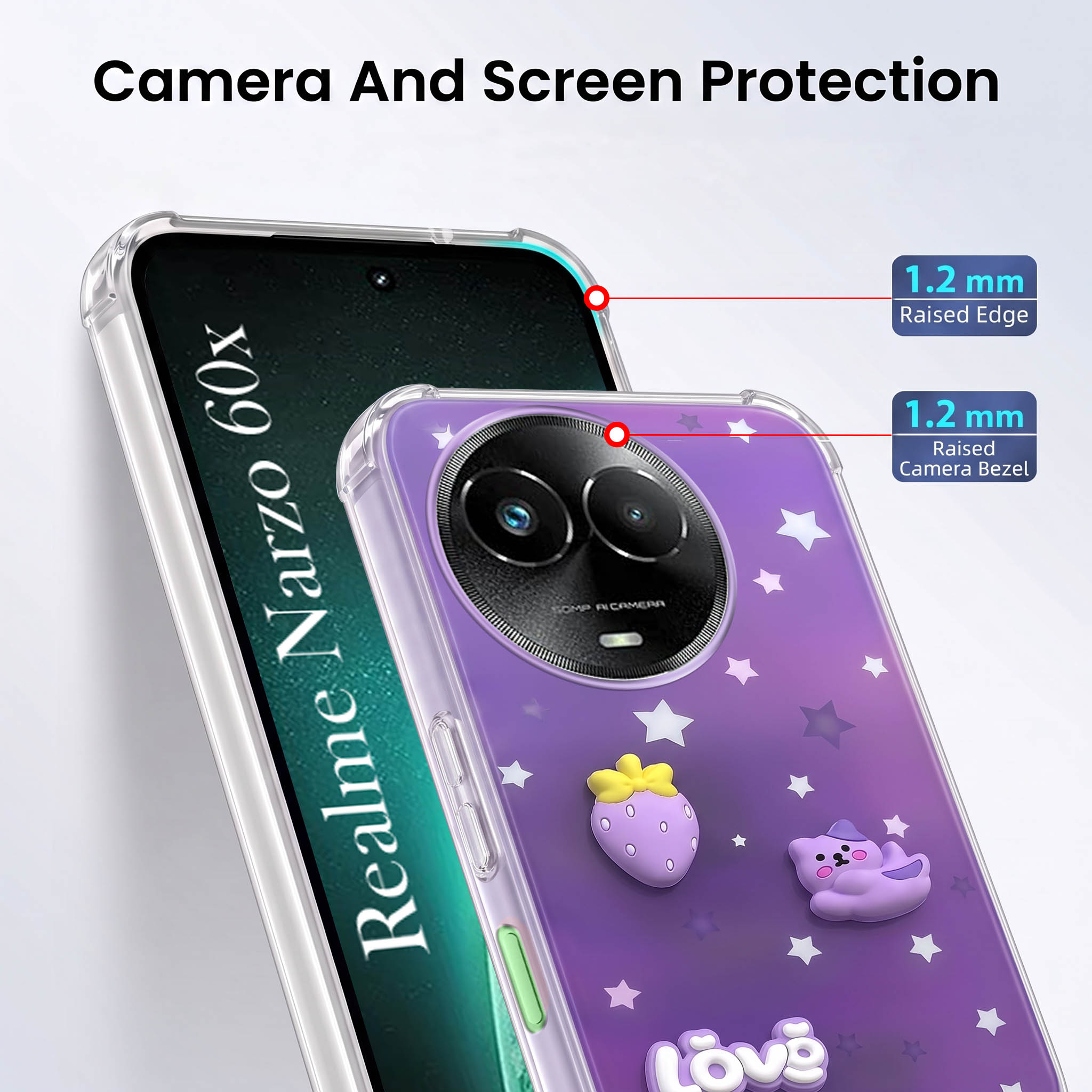 For Realme Narzo 60x Back Cover Case (3D Cute Cartoons | Hard Back Side Soft | Matte Premium Finish | HD Printing)