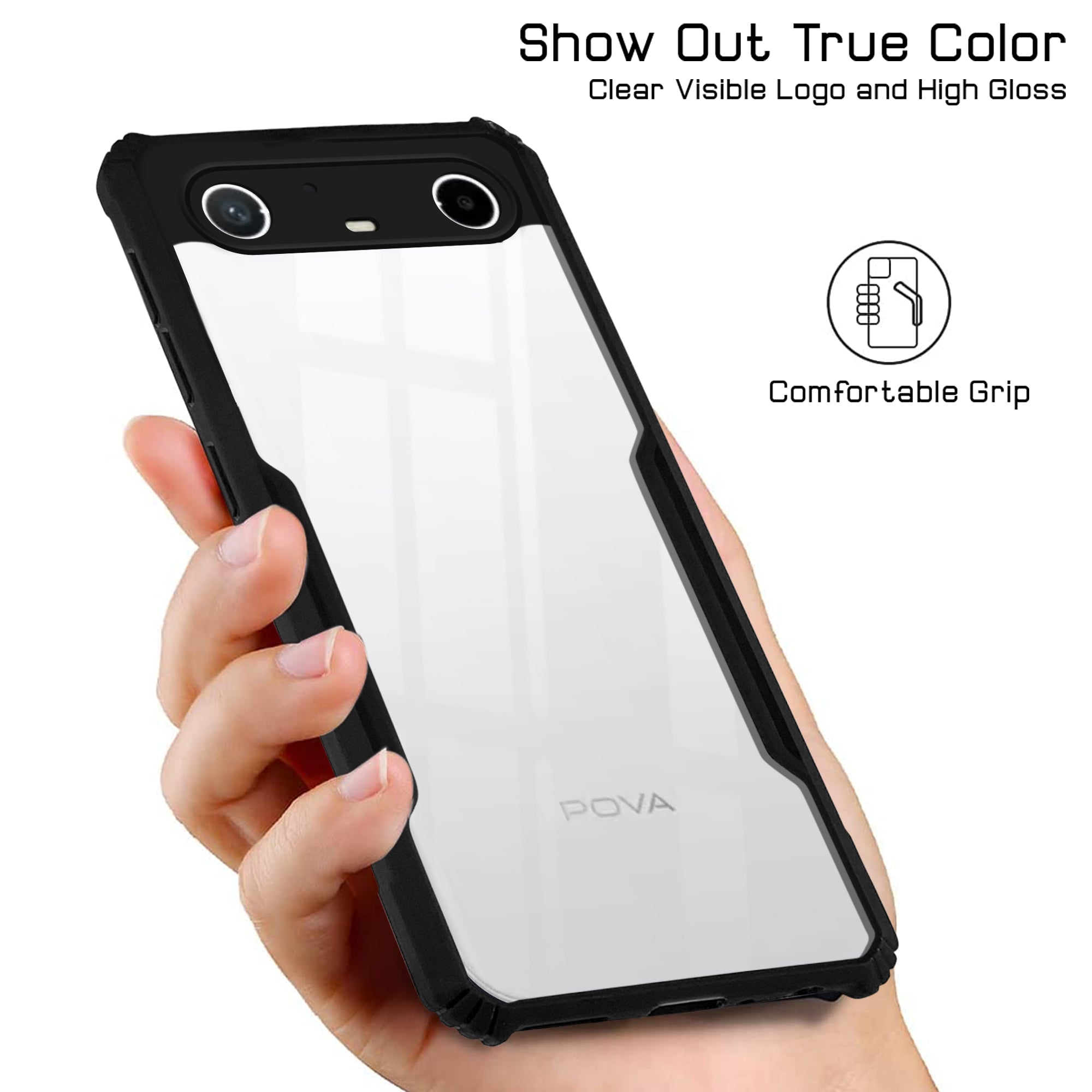 For Tecno Pova Slim Back Cover Case Hybrid (Shockproof with Polycarbonate Clear Panel | Professional Black)