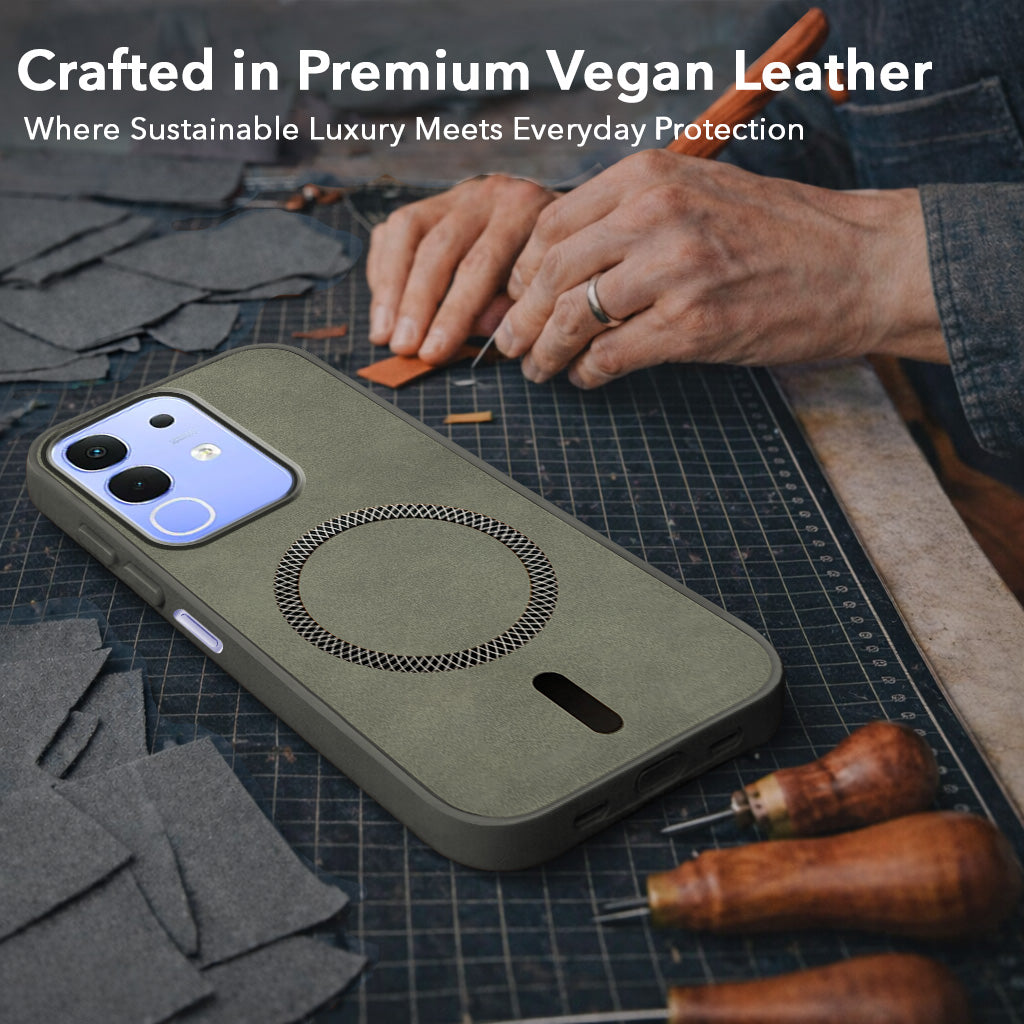 For Vivo iQOO Z10x Back Cover Case Leather Finish (MagSafe Compatible Wireless Charging | Soft Touch | Camera Bump Protection)