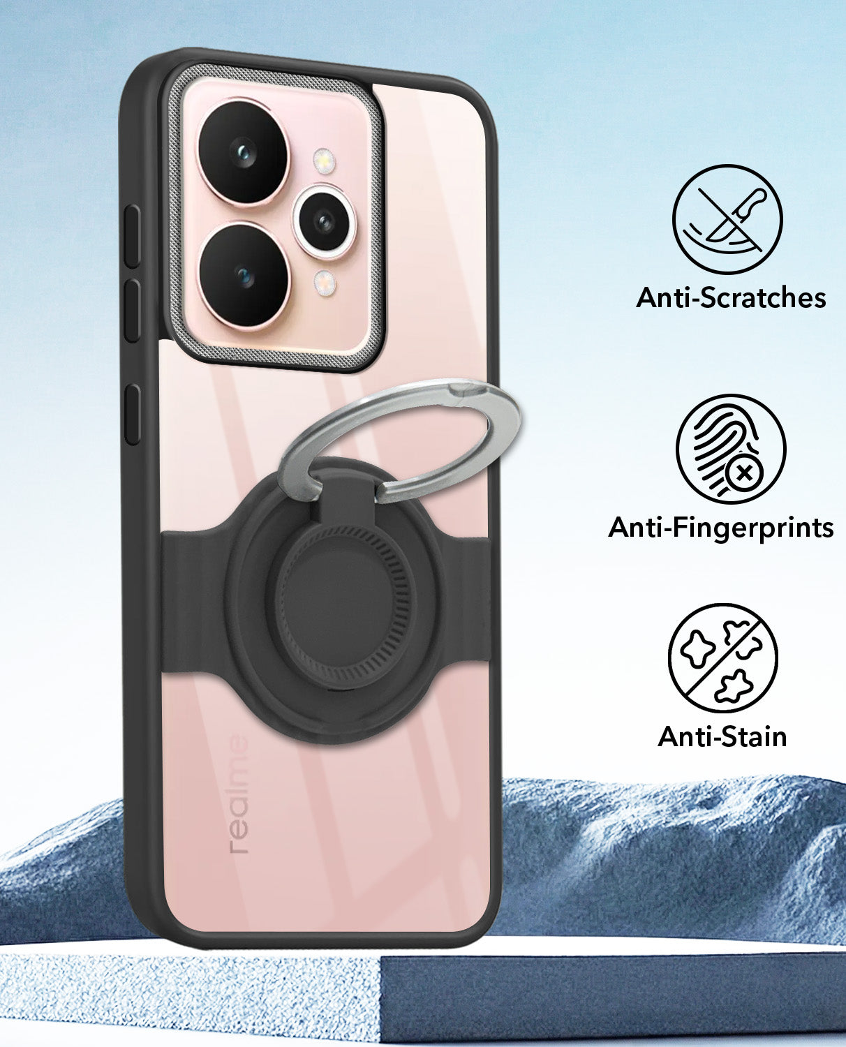 For Realme 15 Back Cover Case with stand (Built-in Ring Holder Kickstand | Lifetime Anti Yellow | Camera Protection)