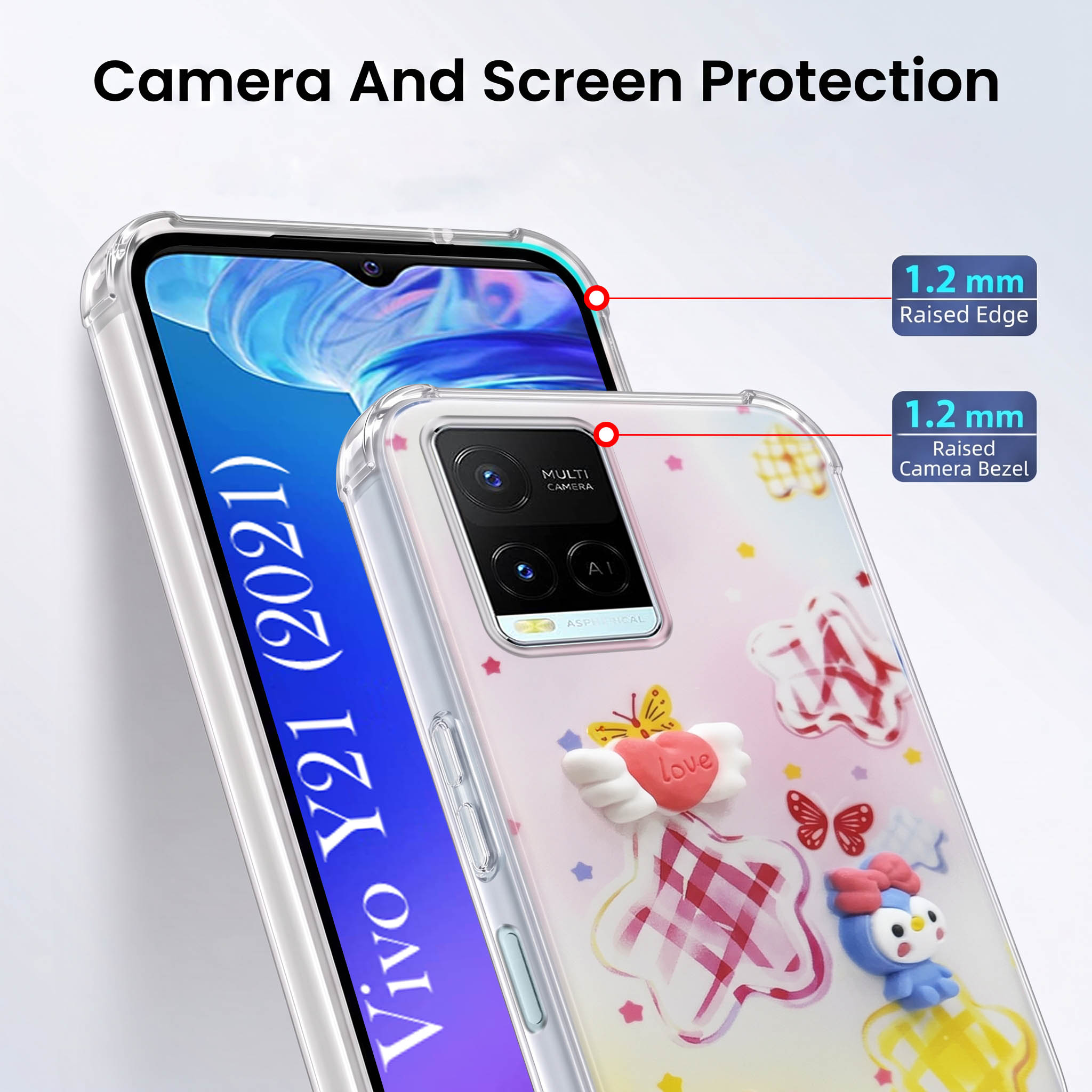 For Vivo Y21 2021 Back Cover Case (3D Cute Cartoons | Hard Back Side Soft | Matte Premium Finish | HD Printing)